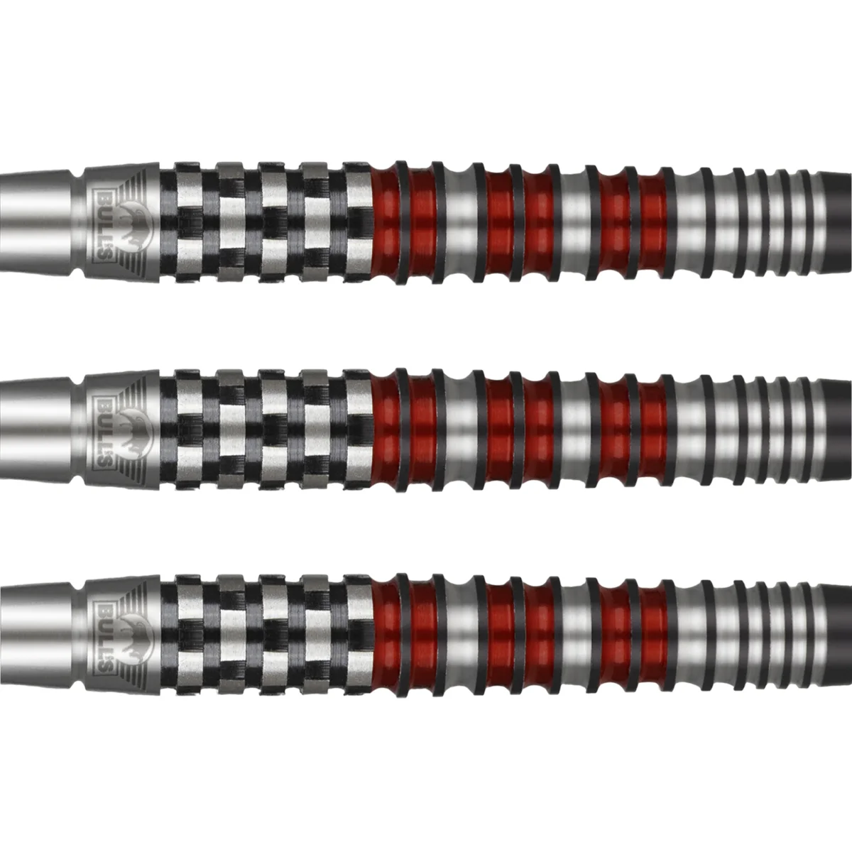 Gripstruktur der Bull's NL Smoke Red Softdarts mit Ringed Grip und Fräsungen
