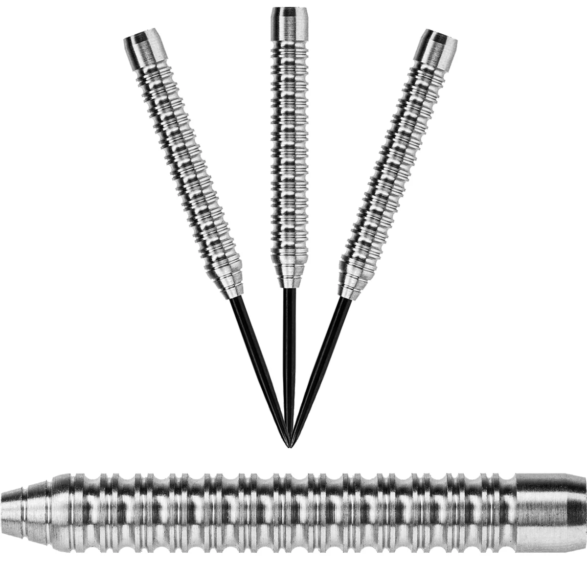 Karella Profi Line PL-06 Steeldart Barrels 21 g mit tiefer Ringstruktur – Produktfoto mit drei Darts und Nahaufnahme.