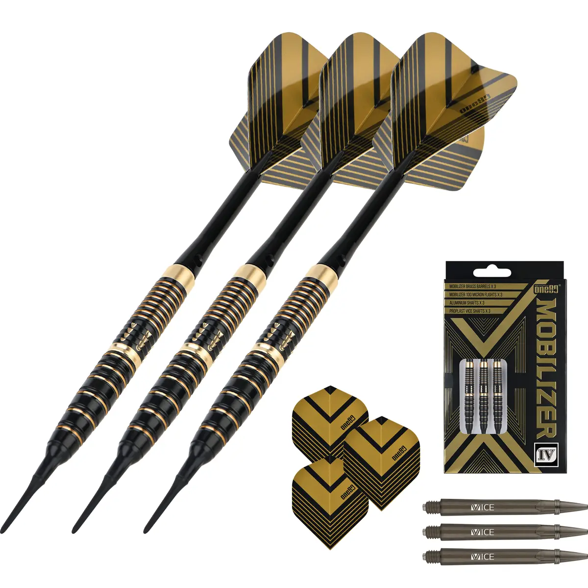 One80 Mobilizer 4 Softdarts in dynamischer Ansicht mit ausgewogenem Brass Barrel und stabiler Fluglage