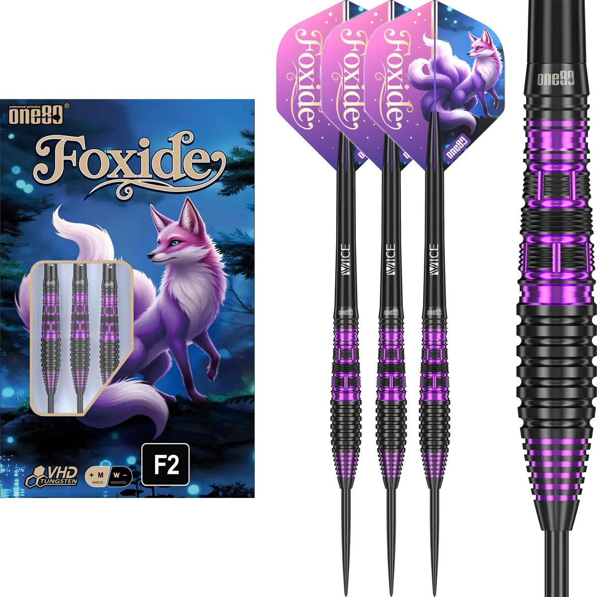 One80 Foxide F2 Steeldarts mit Torpedo-Barrel, Heckgrip und violetten Akzenten – Komplettset mit Flights und Vice Shafts