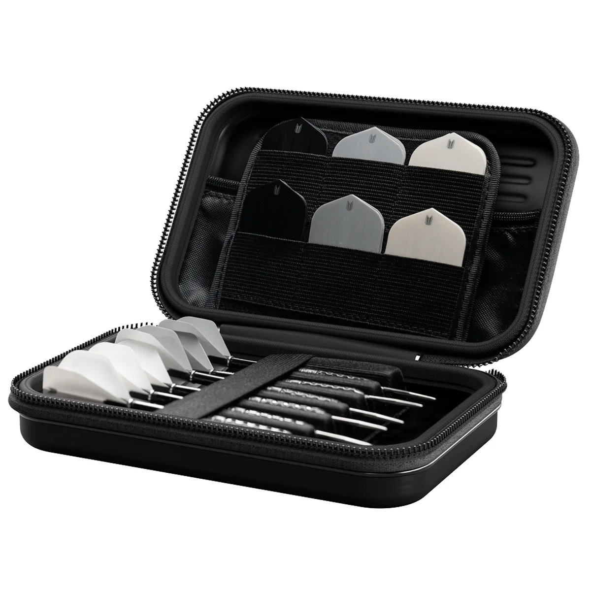 Target Takoma Cult XL Dartcase geöffnet mit sechs montierten Darts und Flightfächern