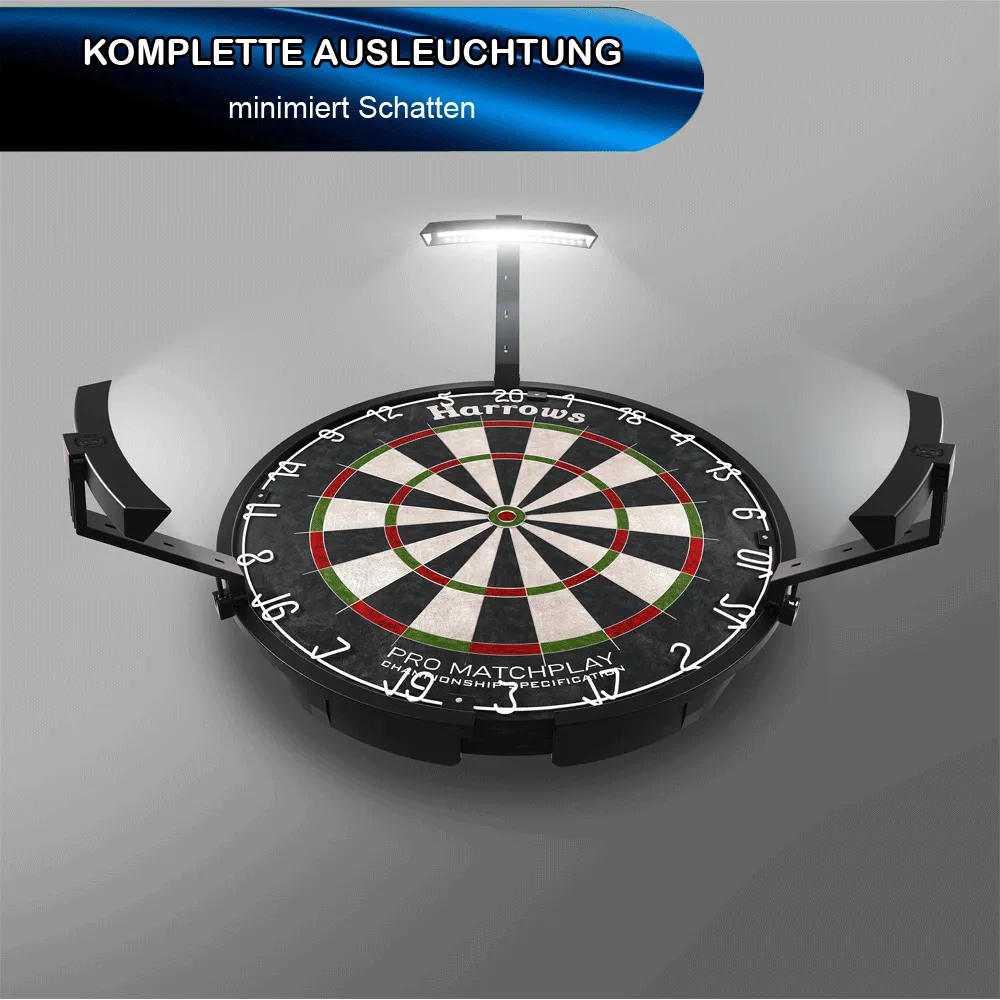 Harrows Trilight LED Dartboardbeleuchtung im Dunkeln Dartboard mit eingeschalteter Harrows Tri-Light im Dunkeln
