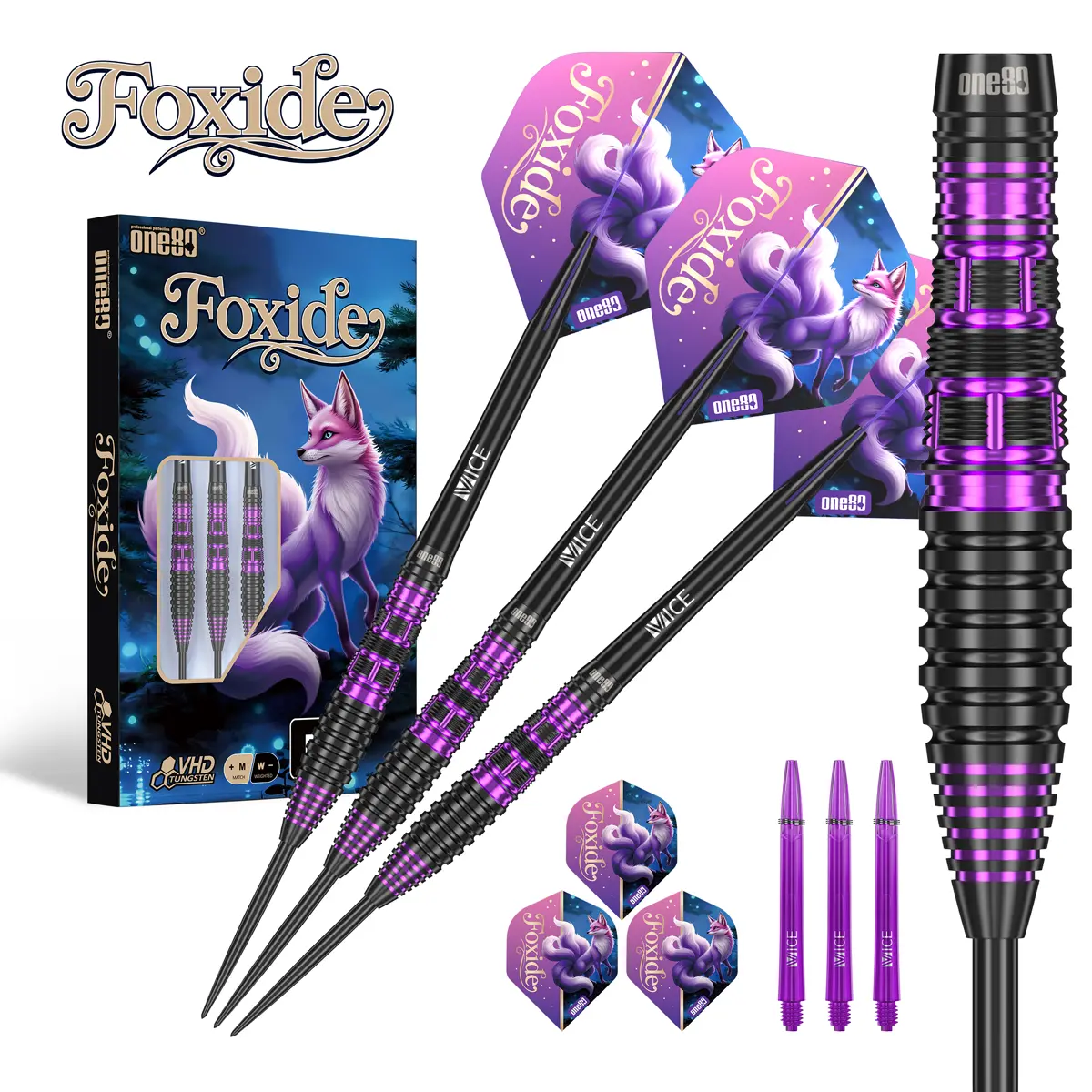 Detailaufnahme der One80 Foxide F2 Steeldarts mit Heckgrip, Ringstruktur und violetten Fräsringen