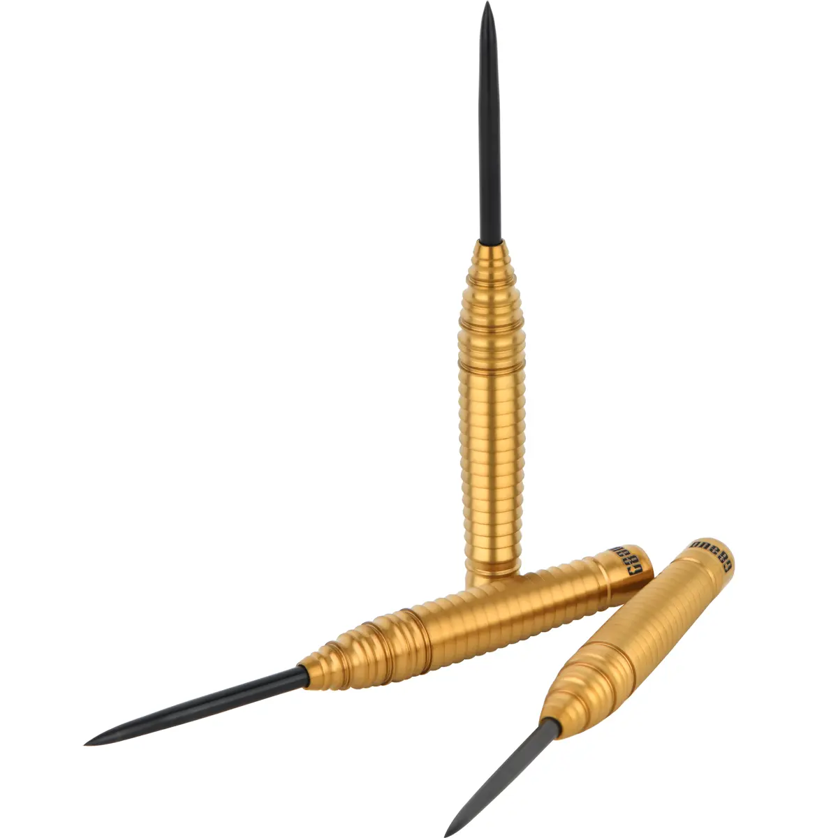 One80 S-Bite S B2 Steeldarts Barrel Nahaufnahme – goldene Tropfenform mit Ring- und Shark Grip