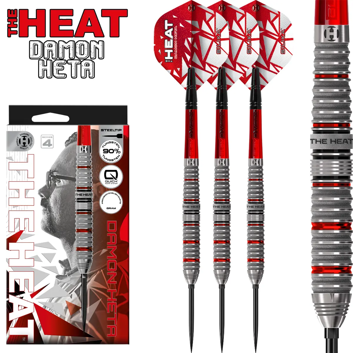 Harrows Damon Heta Series 4 Quick Point Steeldarts Produktbild – The Heat Signature Edition Harrows Damon Heta Series 4 Quick Point Steeldarts – The Heat Design mit Silika Flights und 90 % Tungsten Barrels