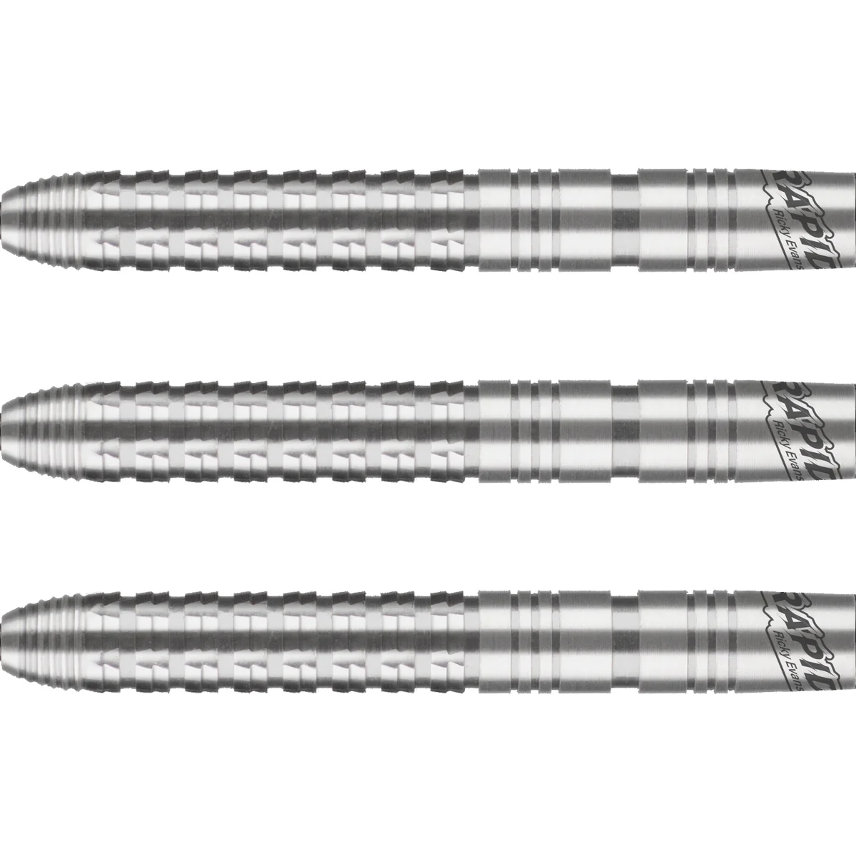 Detailansicht des Bull’s NL Ricky Evans Steeldart Barrels mit Doppel-Sharkgrip vorne und Ringgrip hinten