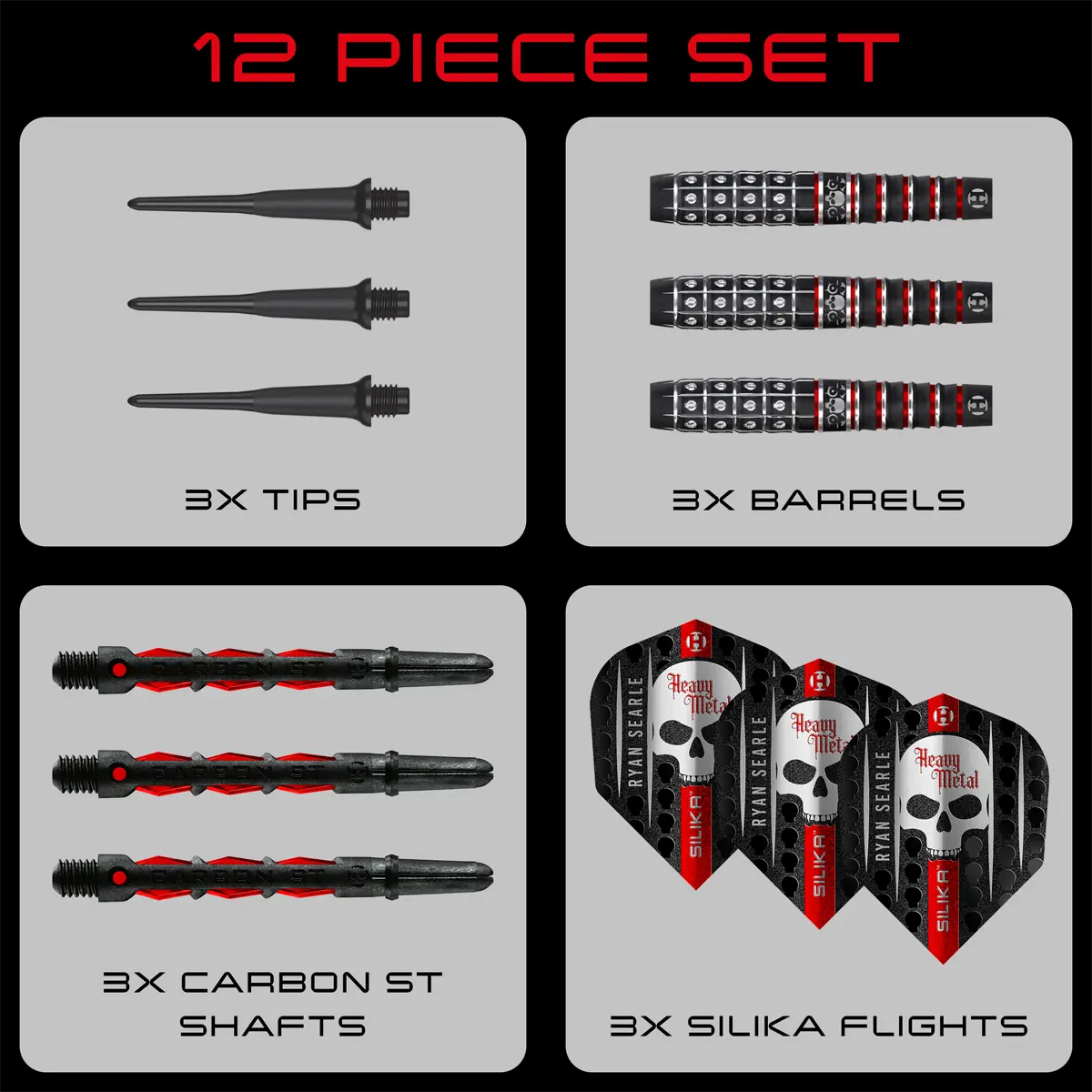 Lieferumfang der Harrows Ryan Searle Series 3 Softdarts mit 3 Barrels, 3 Spitzen, 3 Shafts und 3 Flights