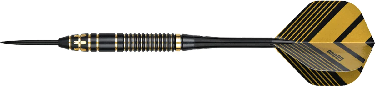Seitenansicht des One80 Mobilizer 01 Steeldart mit goldenem Ringgrip und Flight in Schwarz-Gold