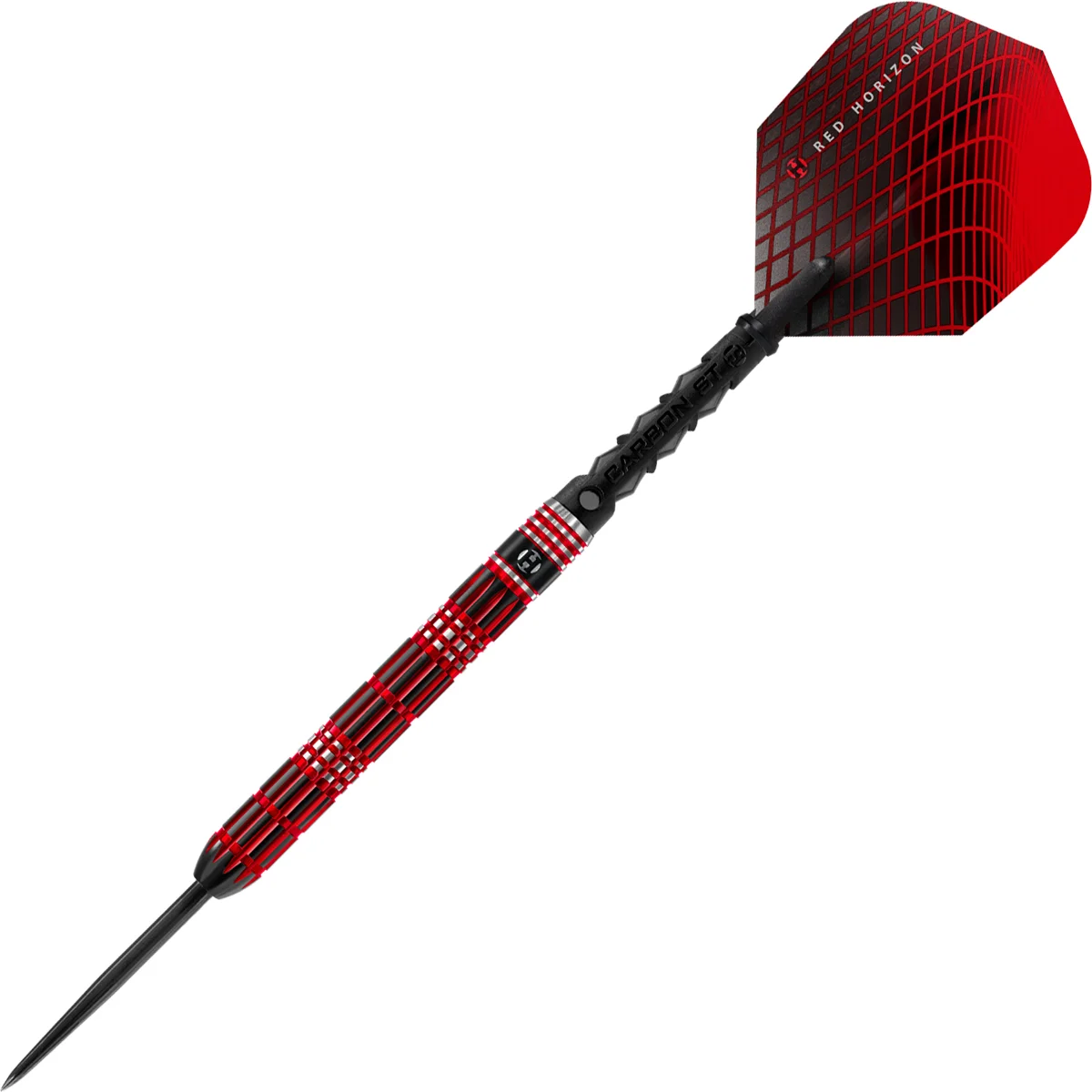 Harrows Red Horizon Steeldart 23g in diagonaler Ansicht mit geradem Barrel und Carbon Shaft
