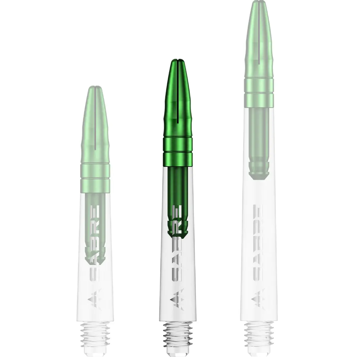 Mission Sabre Dart-Schaft in Klar-Grün, Größe Midi. Die Intermediate-Länge bietet eine perfekte Balance und einen modernen Look durch das grüne Top-Segment.