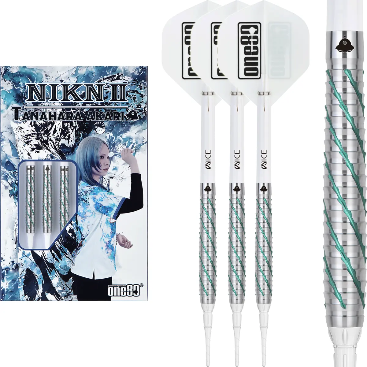One80 Akari Tanahara Signature V2 Softdarts 18 g mit 90 % Tungsten, leicht front-bauchigem Barrel und kombiniertem Ring- und Sharkgrip