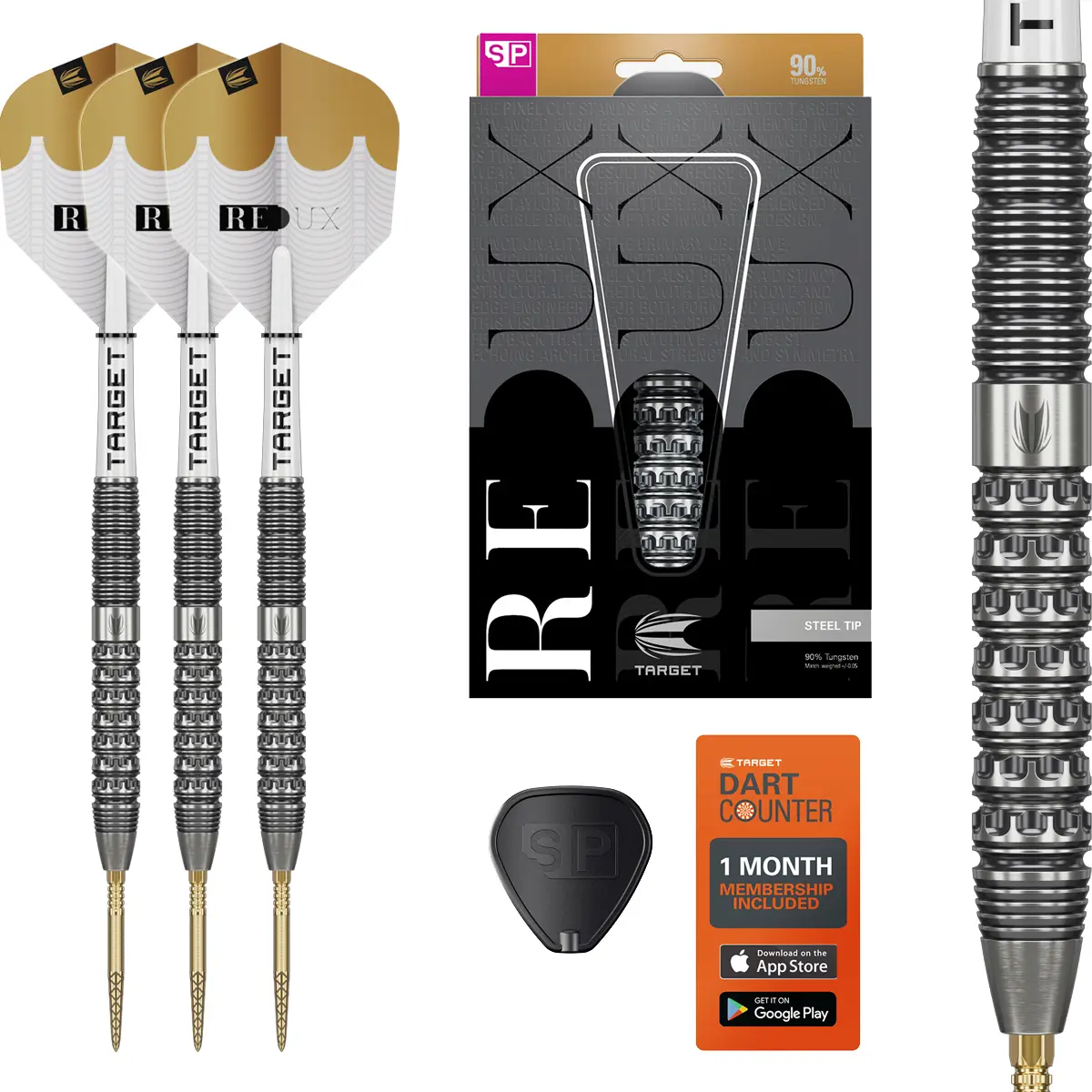 Target Redux 01 Swiss Point Steeldarts – Set mit Zubehör und Verpackung Target Redux 01 Swiss Point Steeldarts – Set mit 90 % Tungsten Barrels, goldenen Spitzen, Redux Flights, Swiss Point Tool, Verpackung und Dartcounter