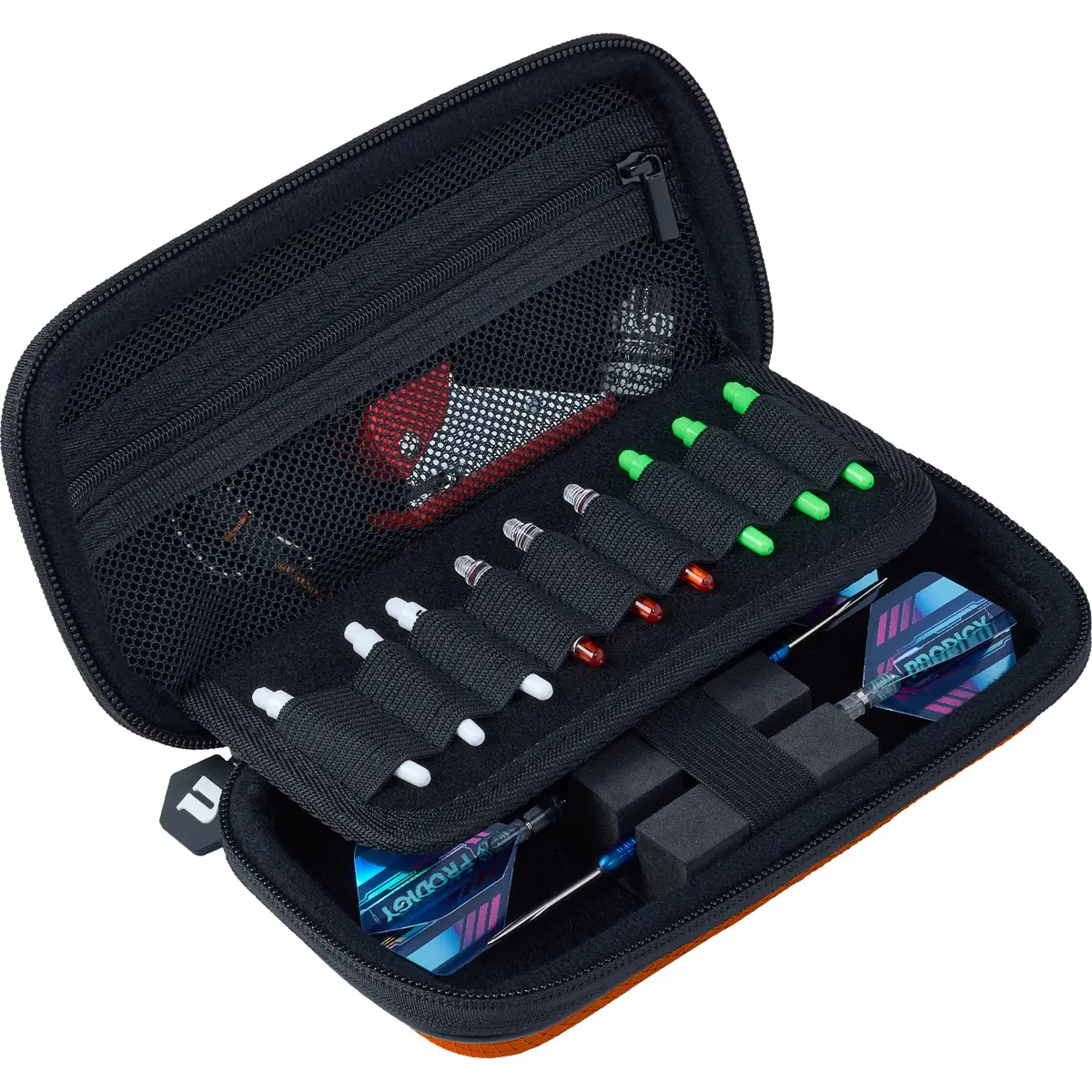 Innenansicht des Unicorn Vanguard Small Dart Case Orange mit Zubehörfächern für Flights und Shafts