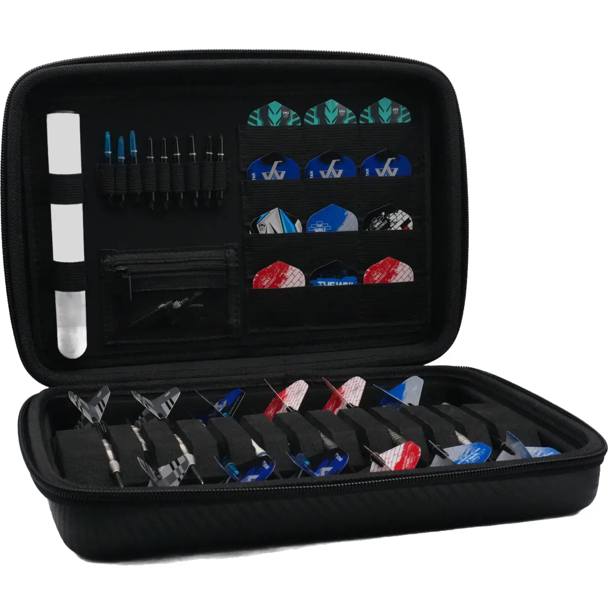 Bull's Orbis 3XL Darttasche – geöffnet mit Inhalt Geöffnete Bull's Orbis 3XL Darttasche mit Darts, Flights und Zubehör