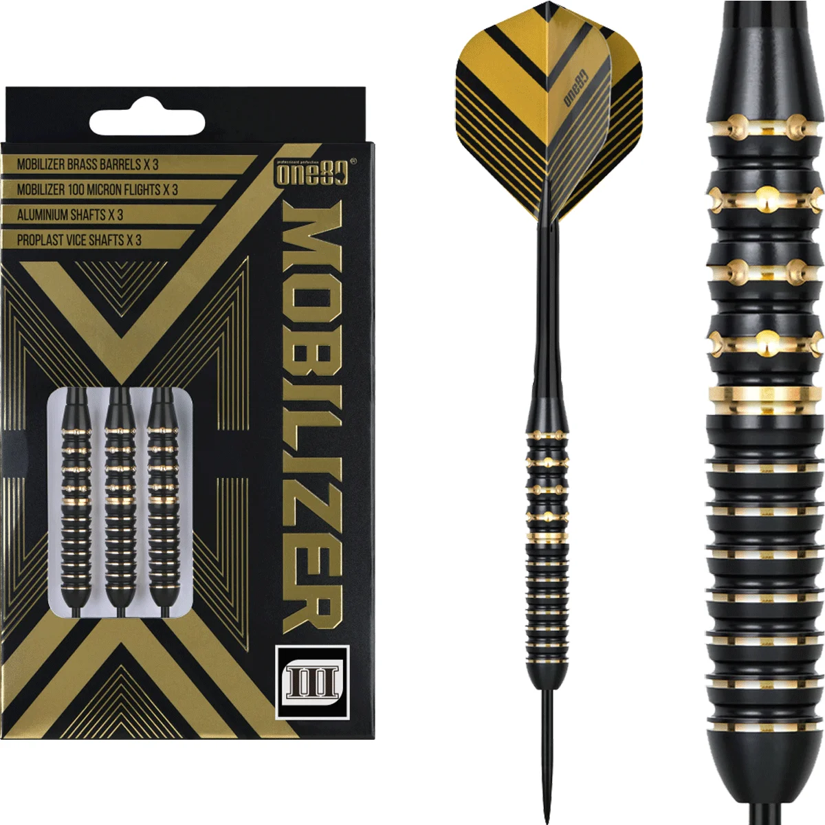 One80 Mobilizer 03 Steeldarts Komplettansicht mit Flights und Verpackung im Schwarz-Gold-Design