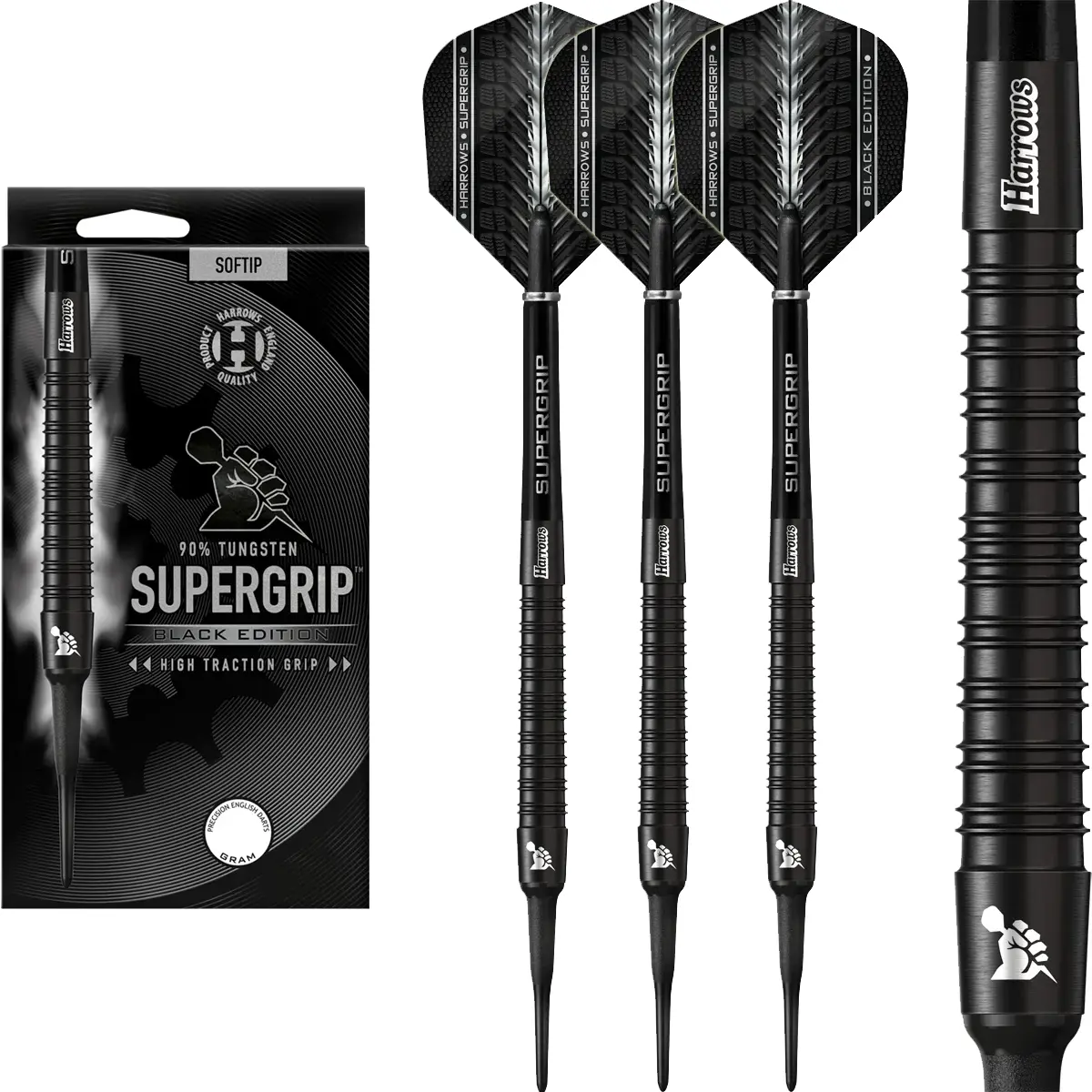 Harrows Supergrip Black 90% Tungsten Softdarts Komplettset mit Verpackung und Black Edition Design
