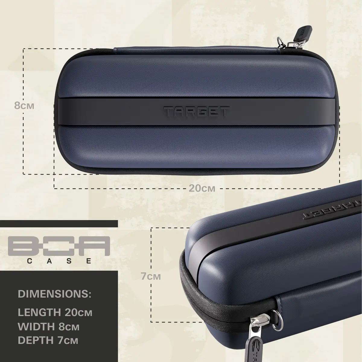 BOA Darttasche Navy mit Größenangaben 20 x 8 x 7 cm