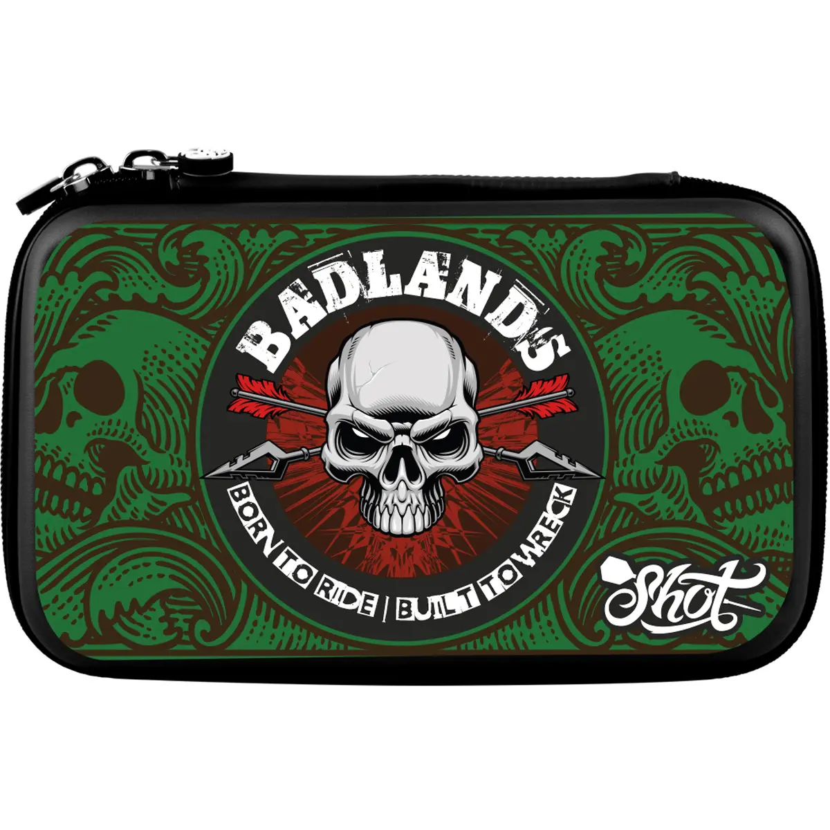 Shot Tactical Badlands Darttasche in Grün mit markantem Skull-Design und stabilem Hardcase