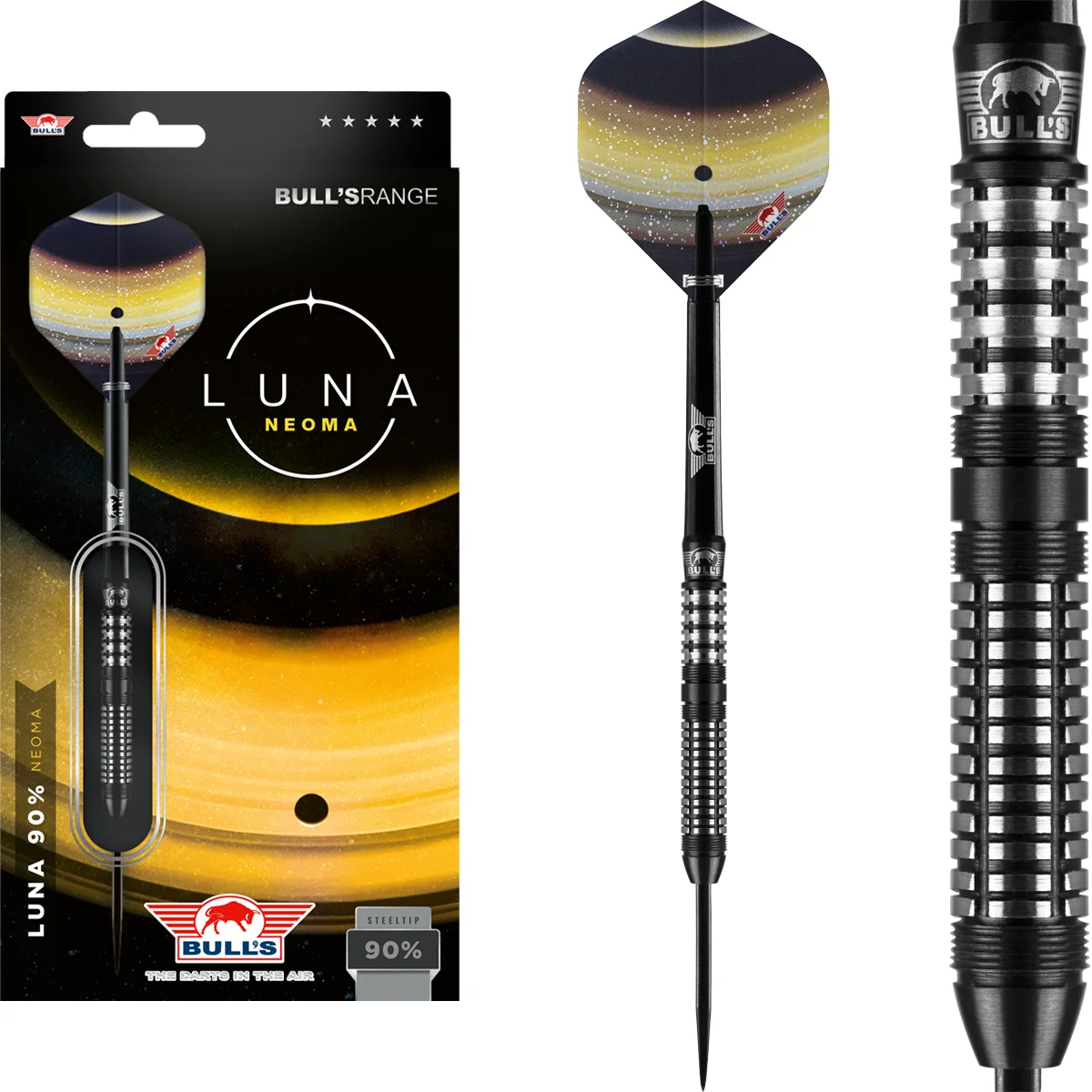 Bull’s NL Luna Neoma Steeldarts Komplettset mit 90 % Tungsten, geradem Barrel, Flights und schwarzen Shafts