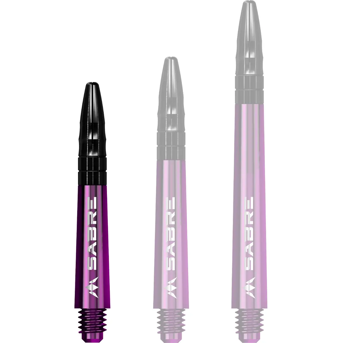 Mission Sabre Dart-Schaft in Lila-Schwarz, Größe Short. Kurzer Hybrid-Shaft mit lila Körper und schwarzem Aluminium-Top für optimale Flugstabilität.