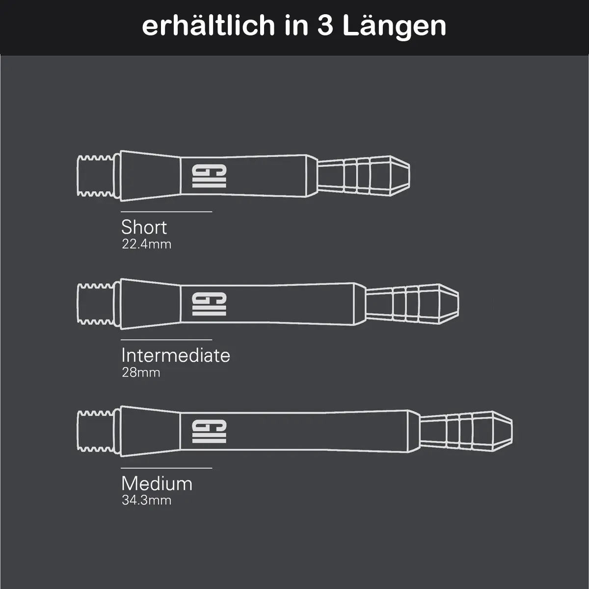 Target Phil Taylor Power GX2 Titanium Shafts in drei Längen – Short, Intermediate und Medium mit Maßangaben