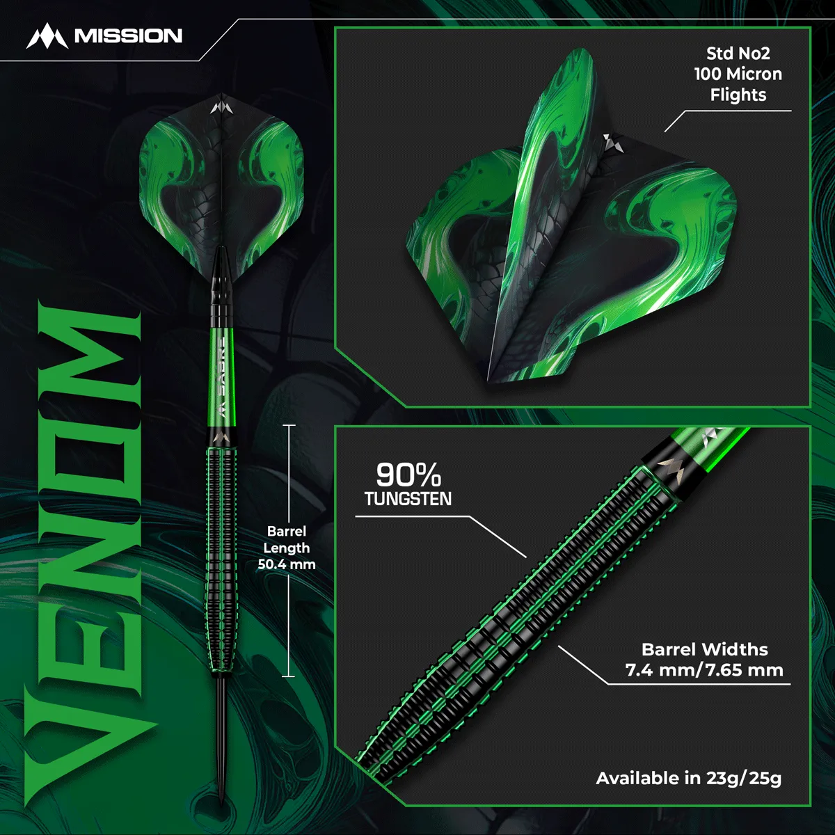 Mission Venom Steeldarts Detailgrafik mit Tungsten-Anteil und Barrelmaßen