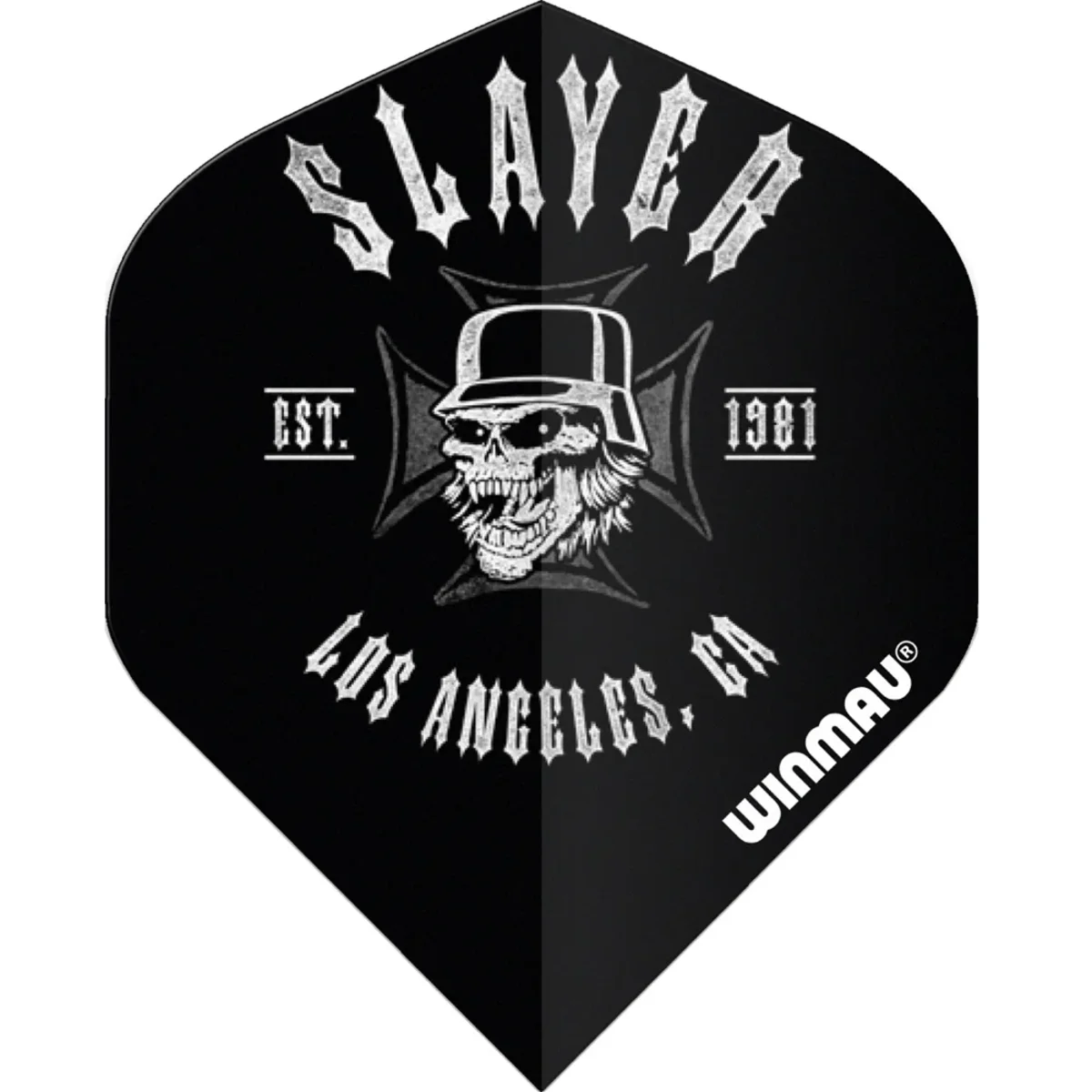 Winmau Slayer LA Flight – Frontansicht Slayer LA Dart Flight flach von vorne – schwarzes Design mit grauem LA-Schriftzug