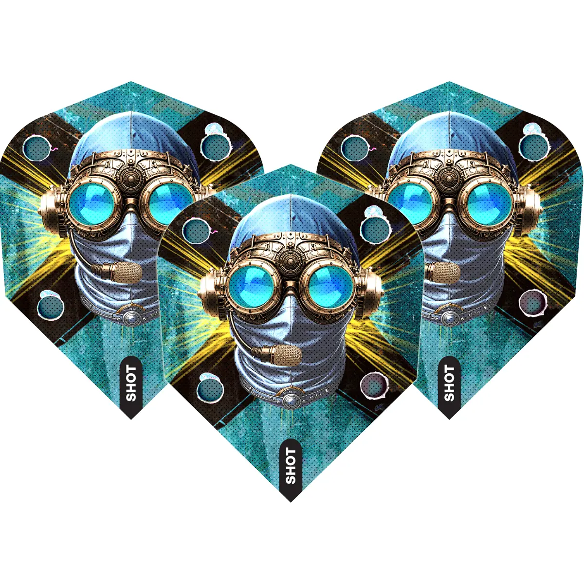 Shot Badlands Tova Flights No.6 – 3 Stück | Dartgott Shot Badlands Tova Flights No.6 im Dreierset – futuristisches Gasmaske-Design mit blauen Linsen auf türkis-schwarzem Hintergrund, 100 Micron stark