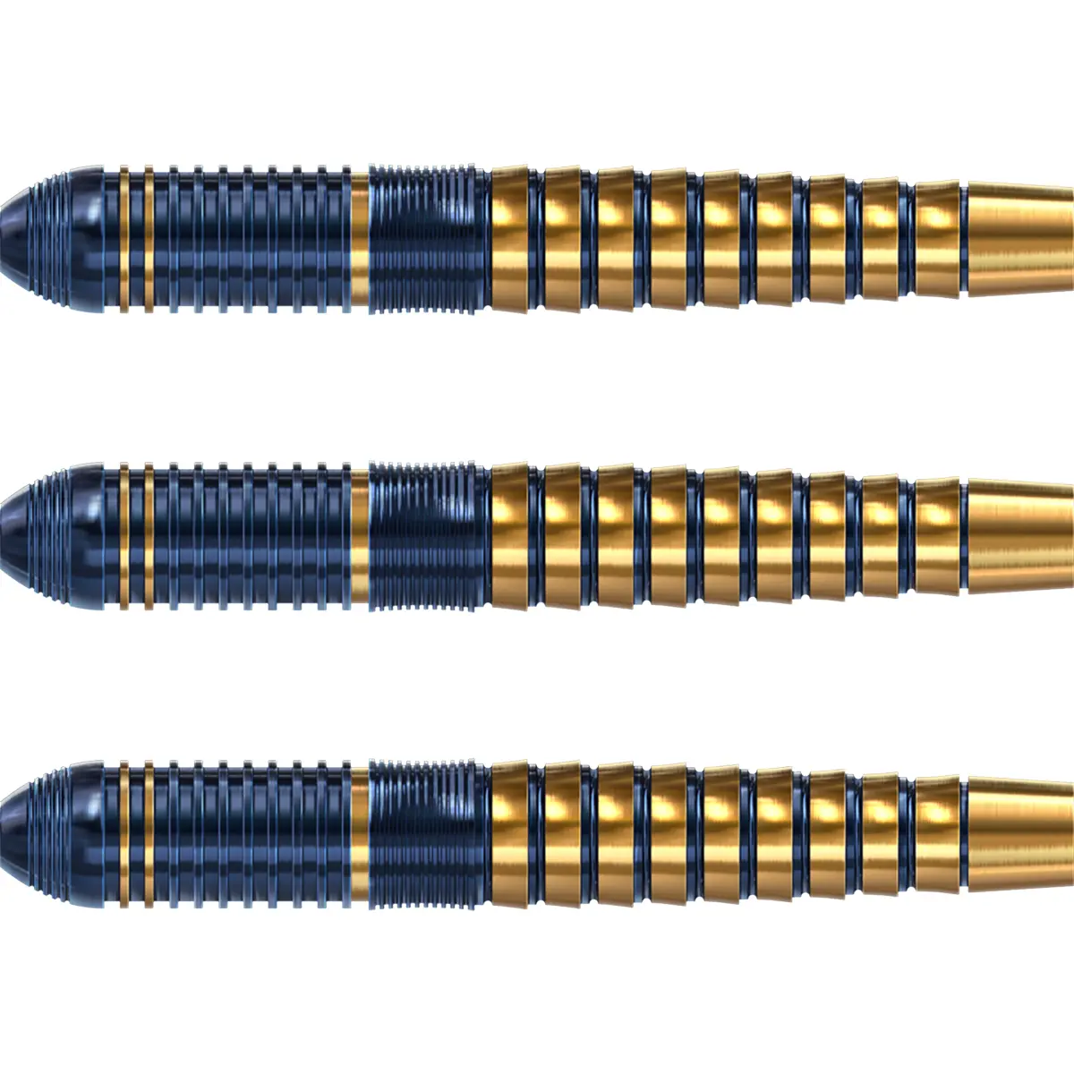 Detailaufnahme der Harrows Nox Steeldart-Barrels – fein gefräste Ringe im Royal-Blue-Gold-Finish für optimalen Grip und Stabilität.