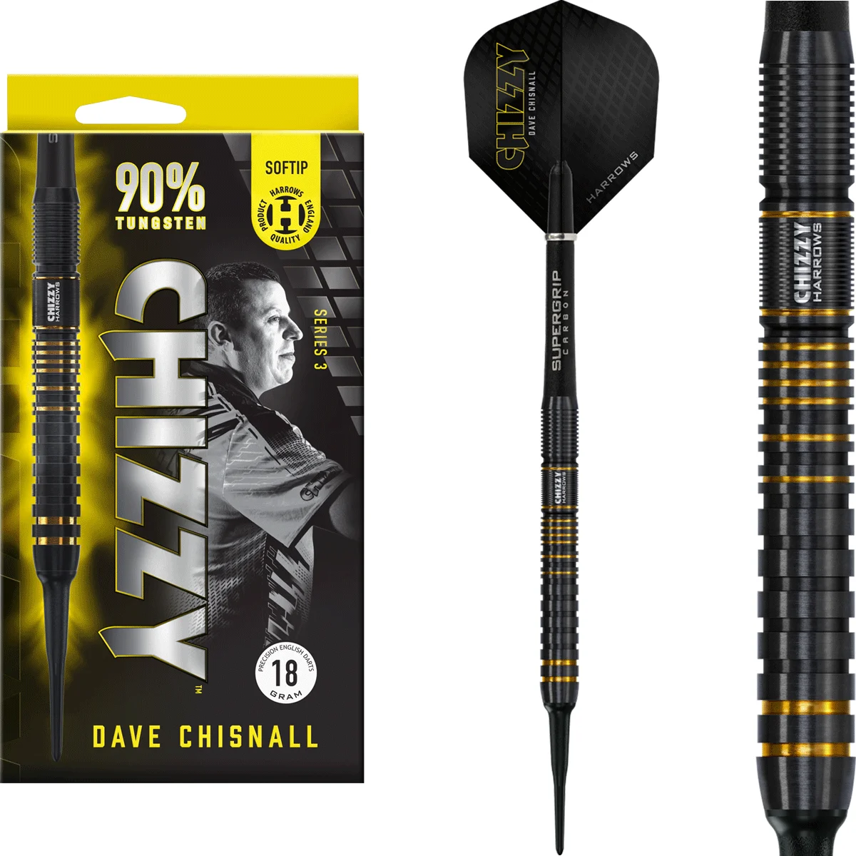 Harrows Chizzy Series 3 Softdarts Produktansicht Set Harrows Chizzy Series 3 Softdarts – Softtip – Produktset mit Barrel-Detail und Flights