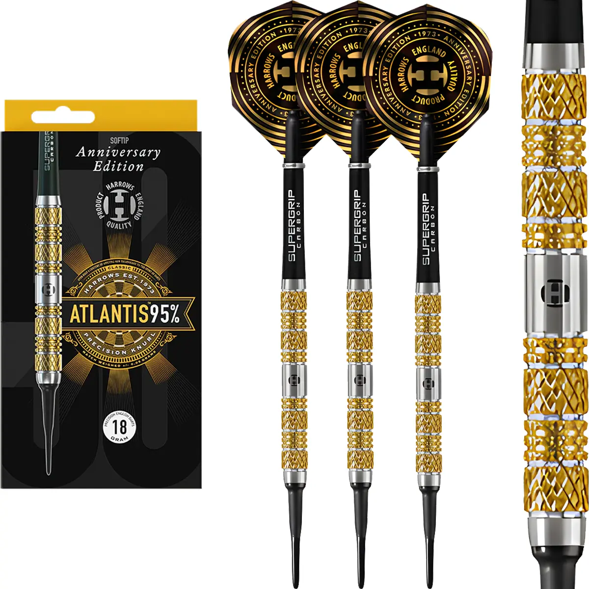 Harrows Atlantis 95% Tungsten Softdarts Komplettset mit gold-silbernem Barrel, präzisem Knurling-Grip und Anniversary Flights
