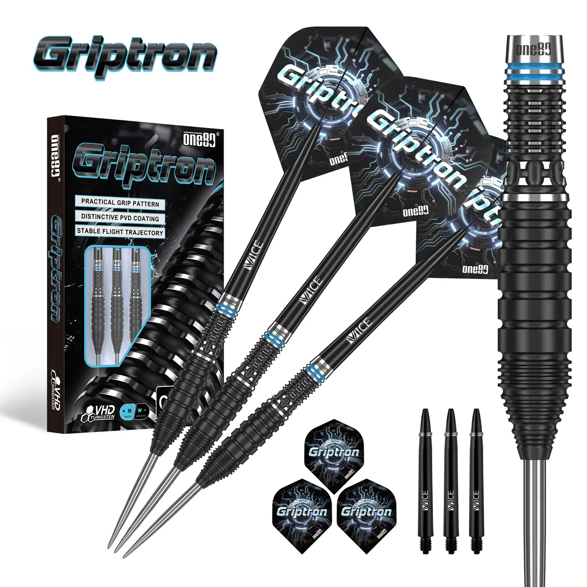 One80 Griptron GT3 Steeldarts Set mit 90 % Tungsten, Vice Shafts und Griptron Flights
