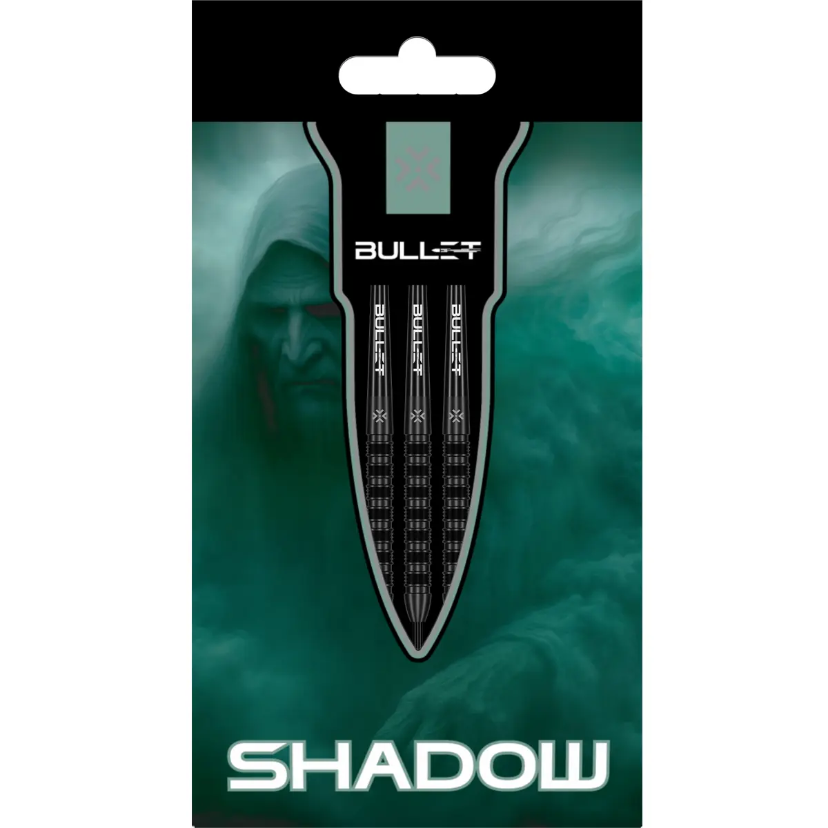 Bullet Shadow Steeldarts Verpackung in grüner Shadow-Optik mit dunklem Charaktermotiv
