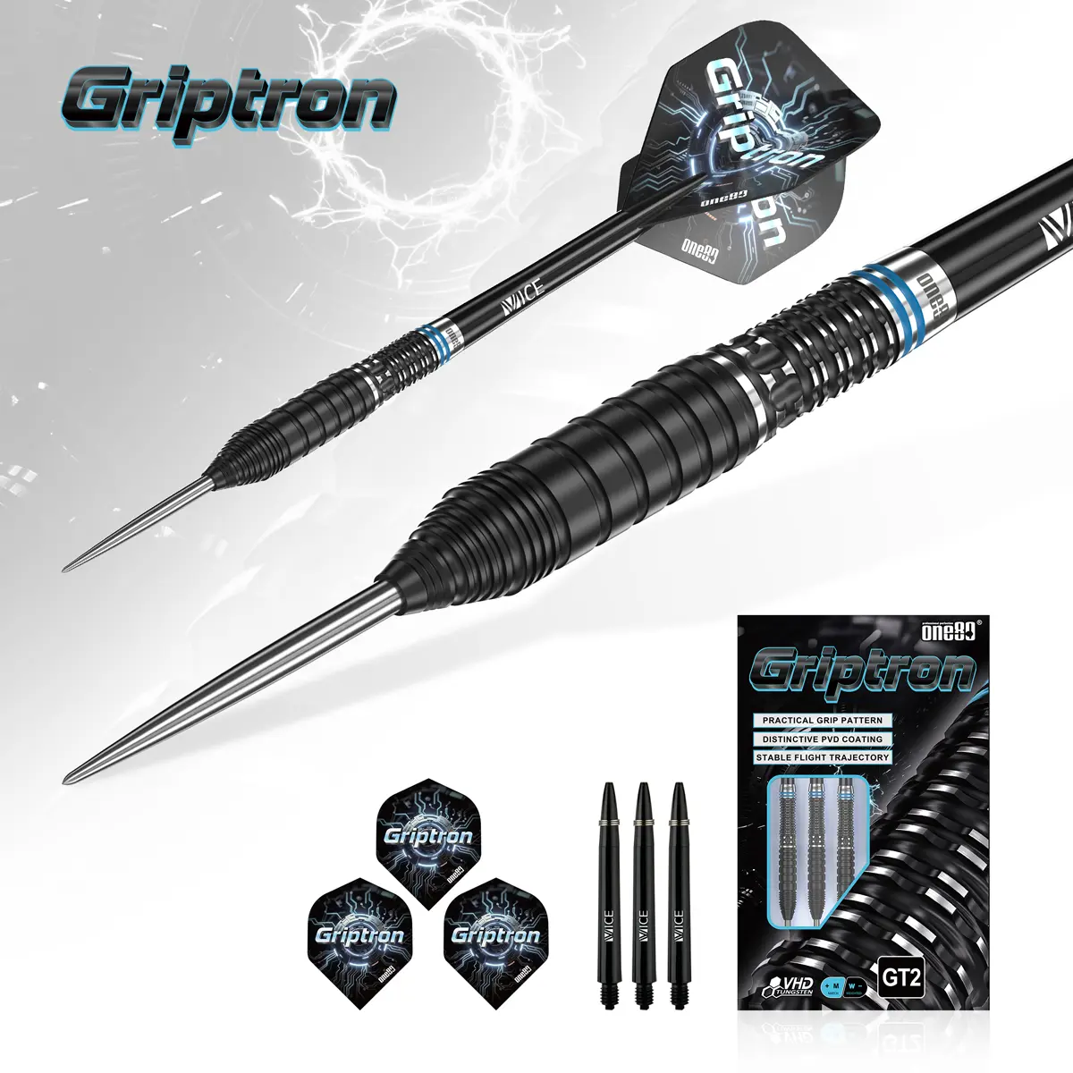 One80 Griptron GT2 Steeldarts Hero-Motiv mit Darts, Griptron Flights, Vice Shafts und Verpackung auf hellem Hintergrund