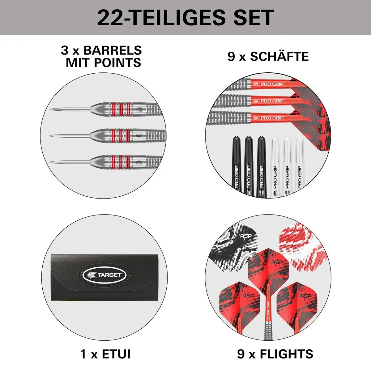 Target Nathan Aspinall Brass Steeldarts 22g Lieferumfang mit 3 Barrels, 9 Shafts, 9 Flights und 1 Etui