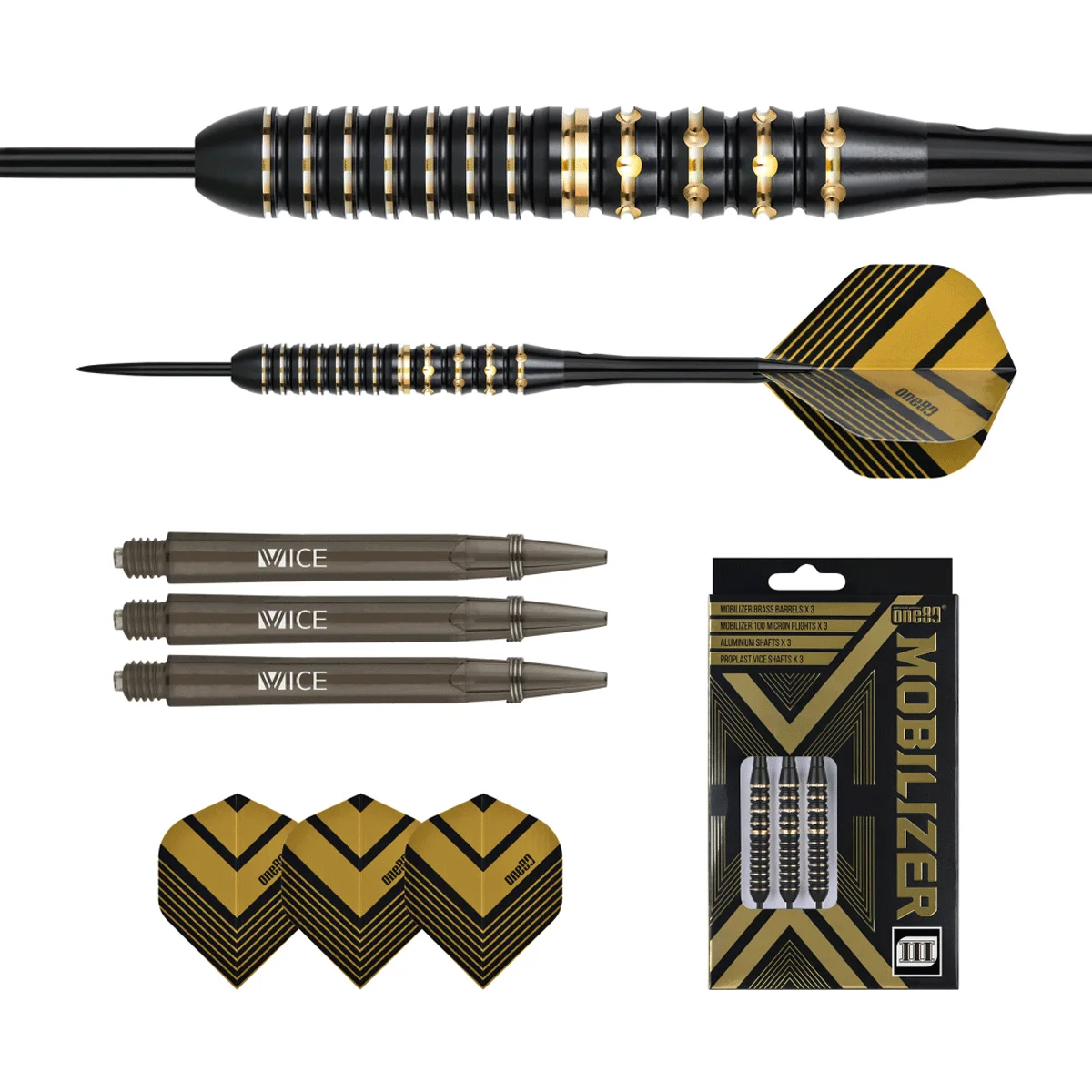 One80 Mobilizer 03 Steeldarts Set mit Flights, Shafts und Barrel-Details in Schwarz-Gold