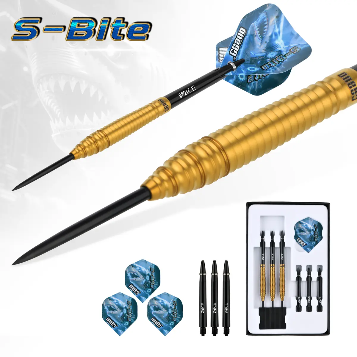 One80 S-Bite S B2 Steeldarts Set mit Zubehör – Flights, Shafts und Barrels im Etui