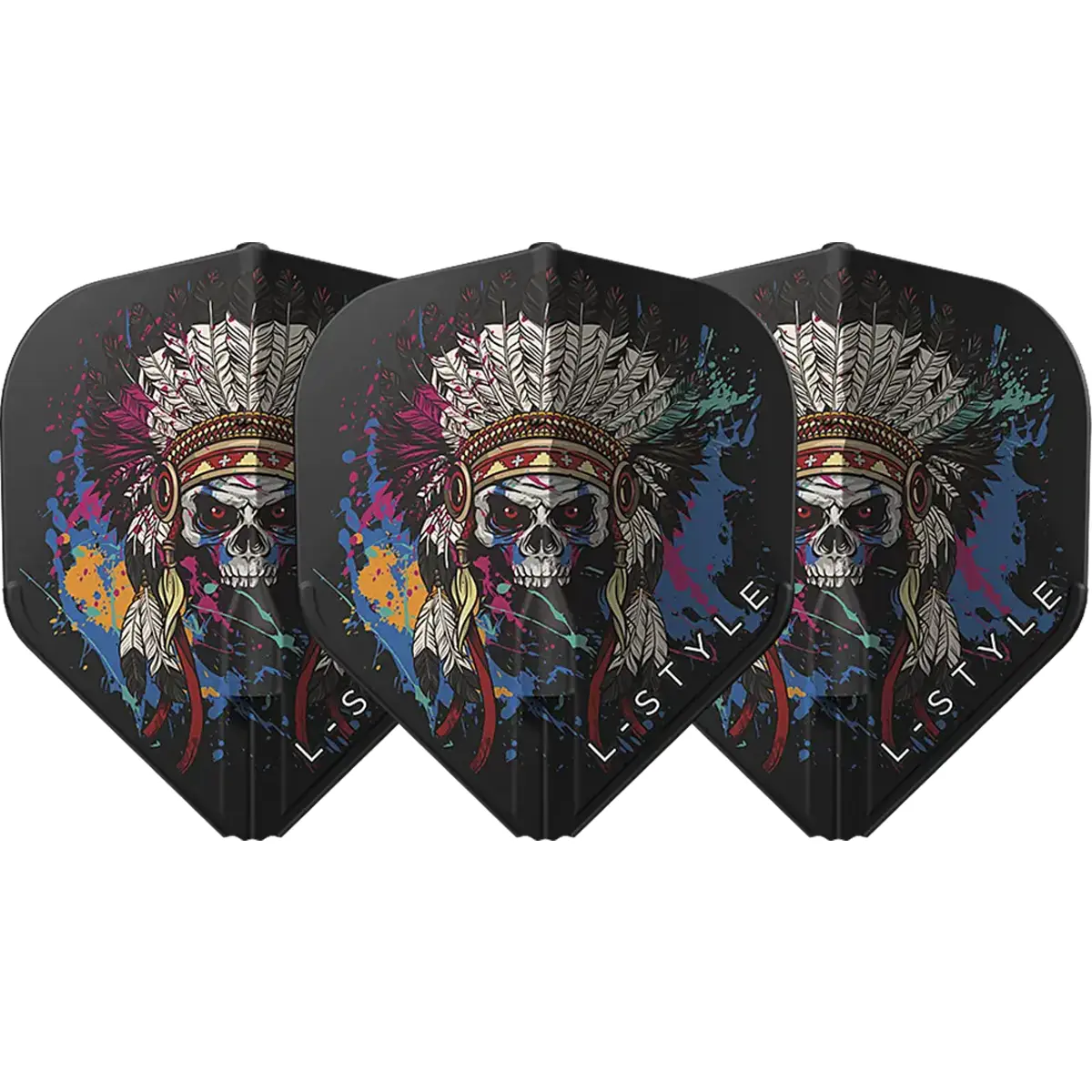 Drei L-Style SD L1 EZ Chief Skull V1 Flights Black mit Chief-Skull-Motiv auf schwarzem Hintergrund