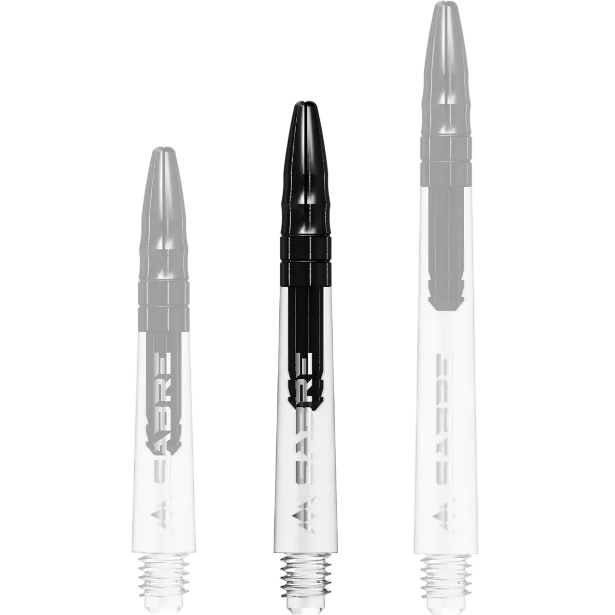 Mission Sabre Dart-Schaft in Klar-Schwarz, Größe Midi. Intermediate-Länge mit transparentem Schaftkörper und schwarzem Aluminium-Top-Segment.