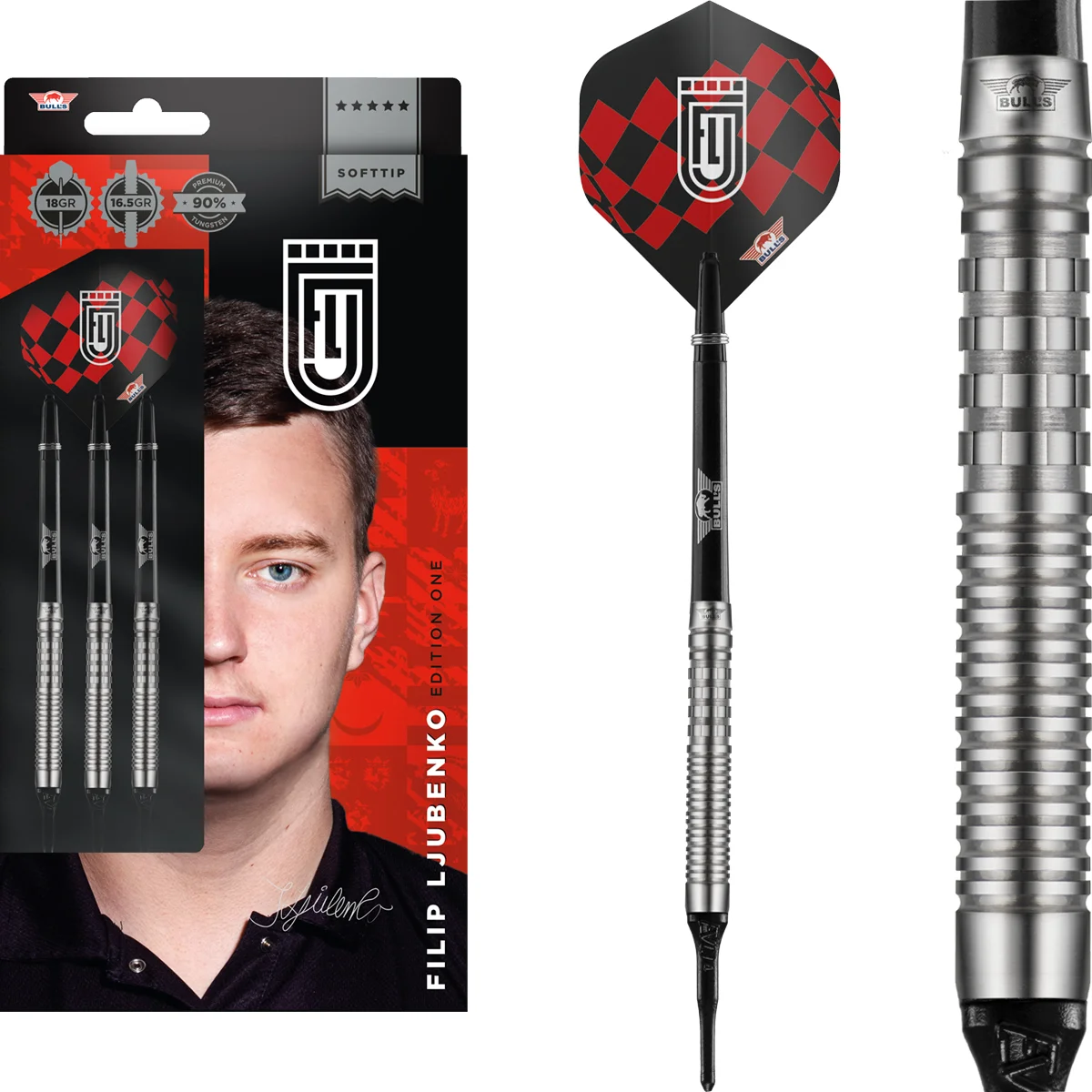 Bull's NL Filip Ljubenko Softdarts 20g Komplettset mit 90 % Tungsten Barrels, Shafts und Spielerflights