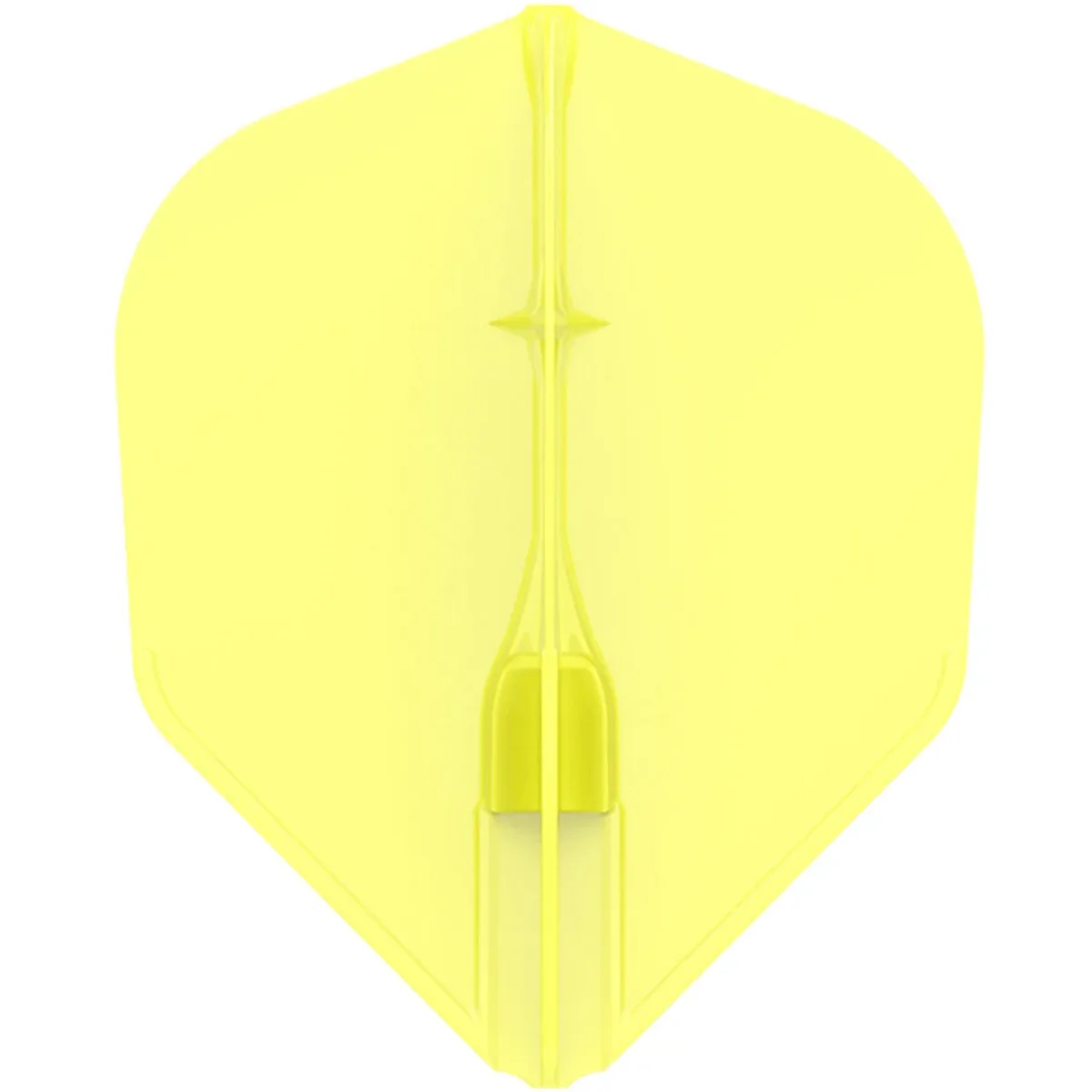 Detailansicht eines gelben L-Style EZ L3 Flights in kompakter Shape-Form. Sichtbar ist der integrierte Champagne Ring und die hochwertige, matte Oberflächenstruktur.