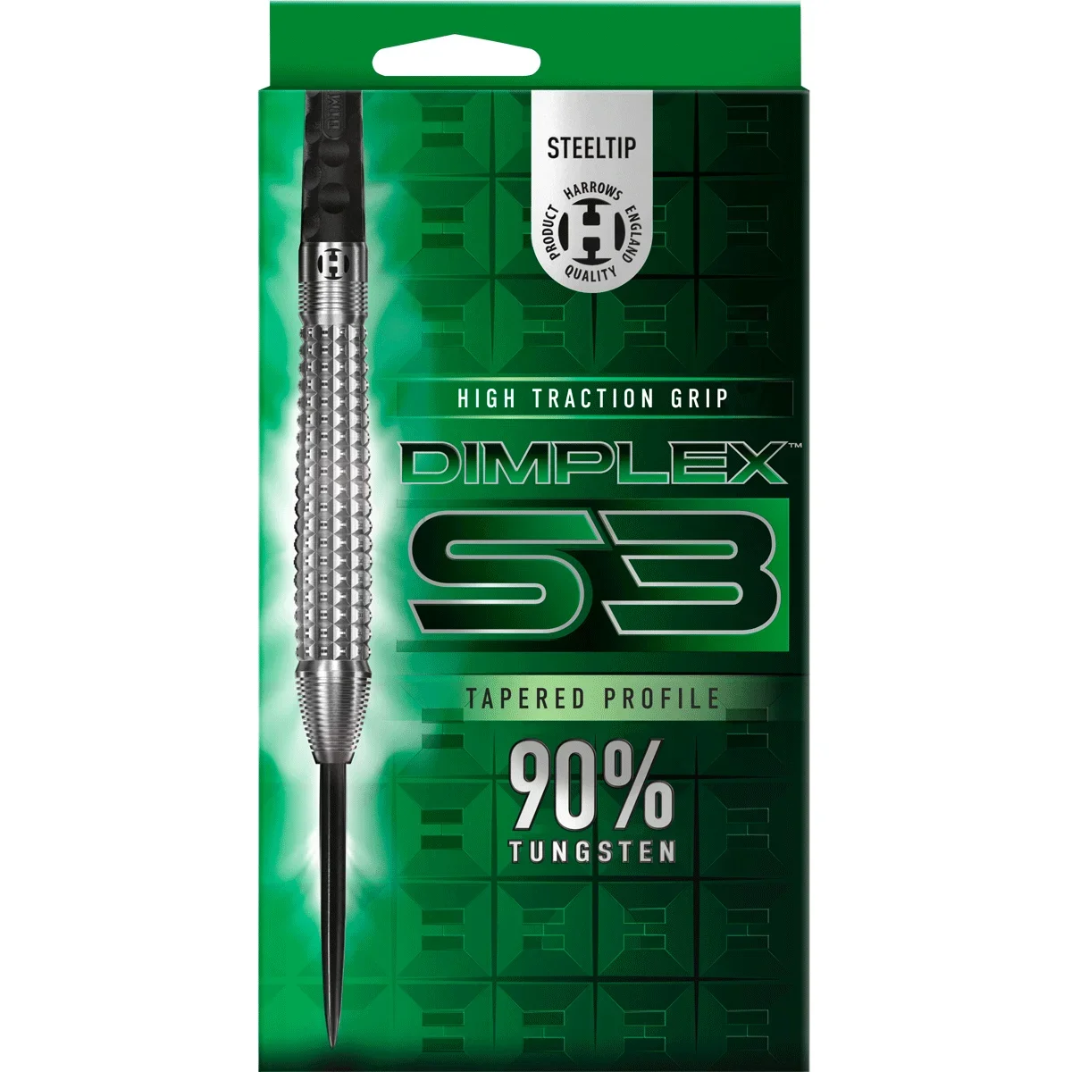 Harrows Dimplex S3 Steeldart in Seitenansicht mit Tapered-Barrel und Dimplex Grip