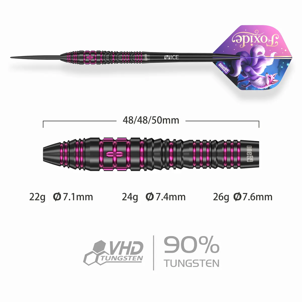 One80 Foxide F4 Steeldarts mit Maßangaben für 22 g und 24 g Varianten