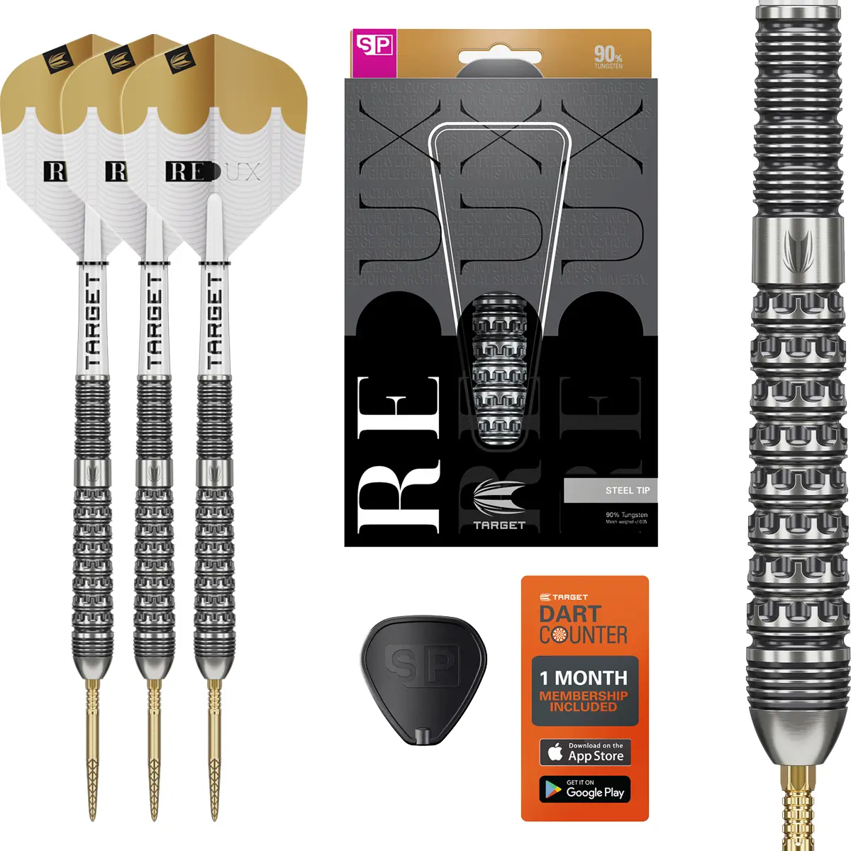 Target Redux 03 Swiss Point Steeldarts – Set mit Zubehör und Verpackung Target Redux 03 Swiss Point Steeldarts – Set mit 90 % Tungsten Barrels, goldenen Spitzen, Flights, Swiss Point Tool, Verpackung und Dartcounter