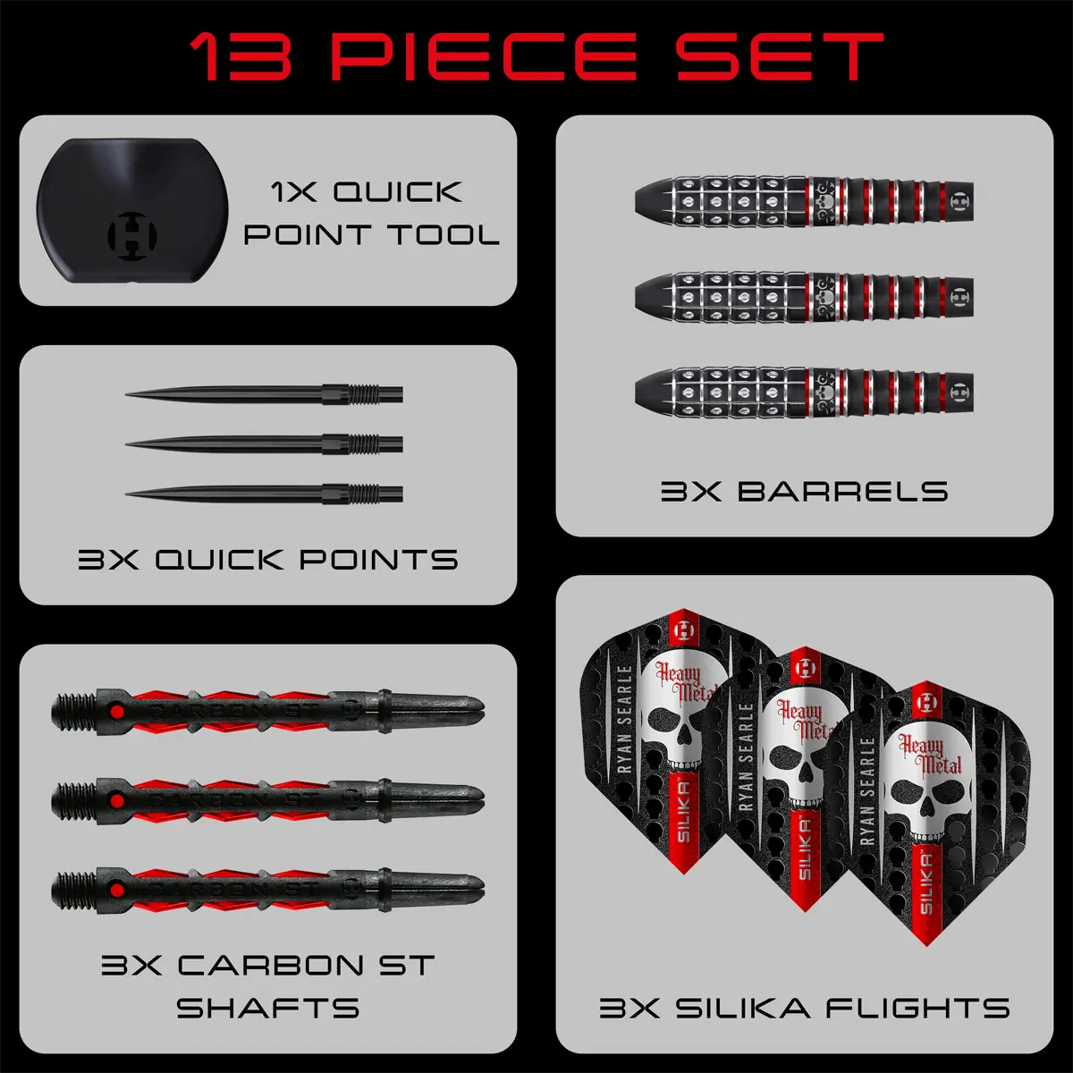 Lieferumfang der Harrows Ryan Searle Series 3 Quick Point Steeldarts mit Barrels, Shafts, Flights und Tool
