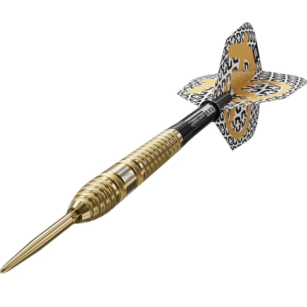 Perspektivische Ansicht des Bolide Envy 03 Darts mit montierten Pro Ultra No.6 Flights.