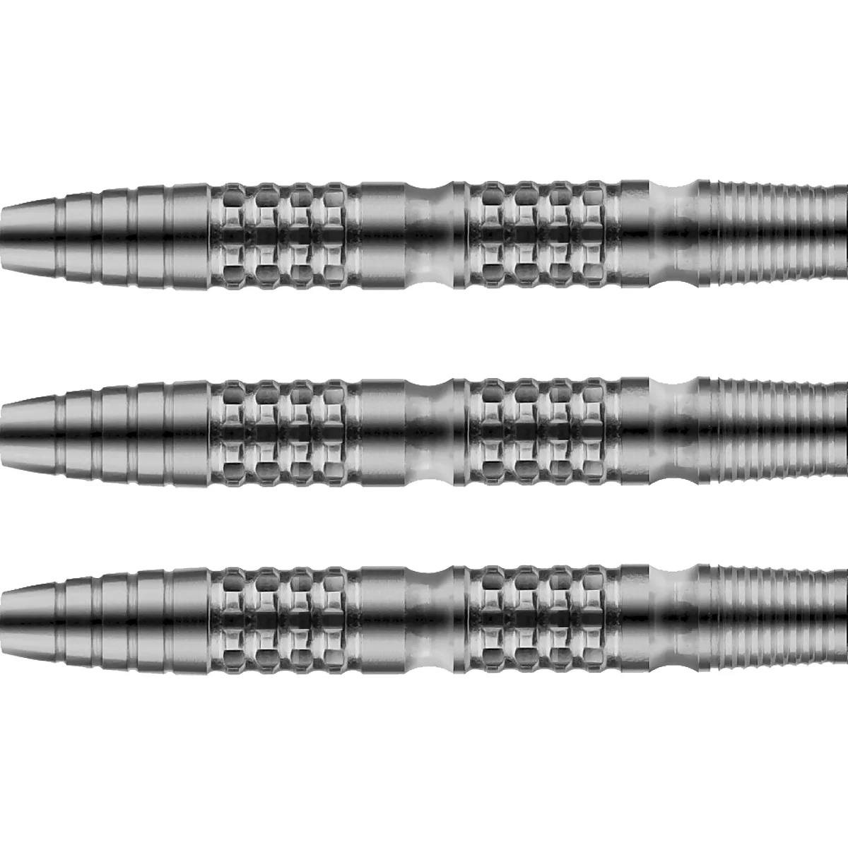 Detailansicht des Bull’s NL Martijn Kleermaker Steeldart Barrels mit feinen Gripzonen, Längs- und Quer-Riffelung sowie Mulden