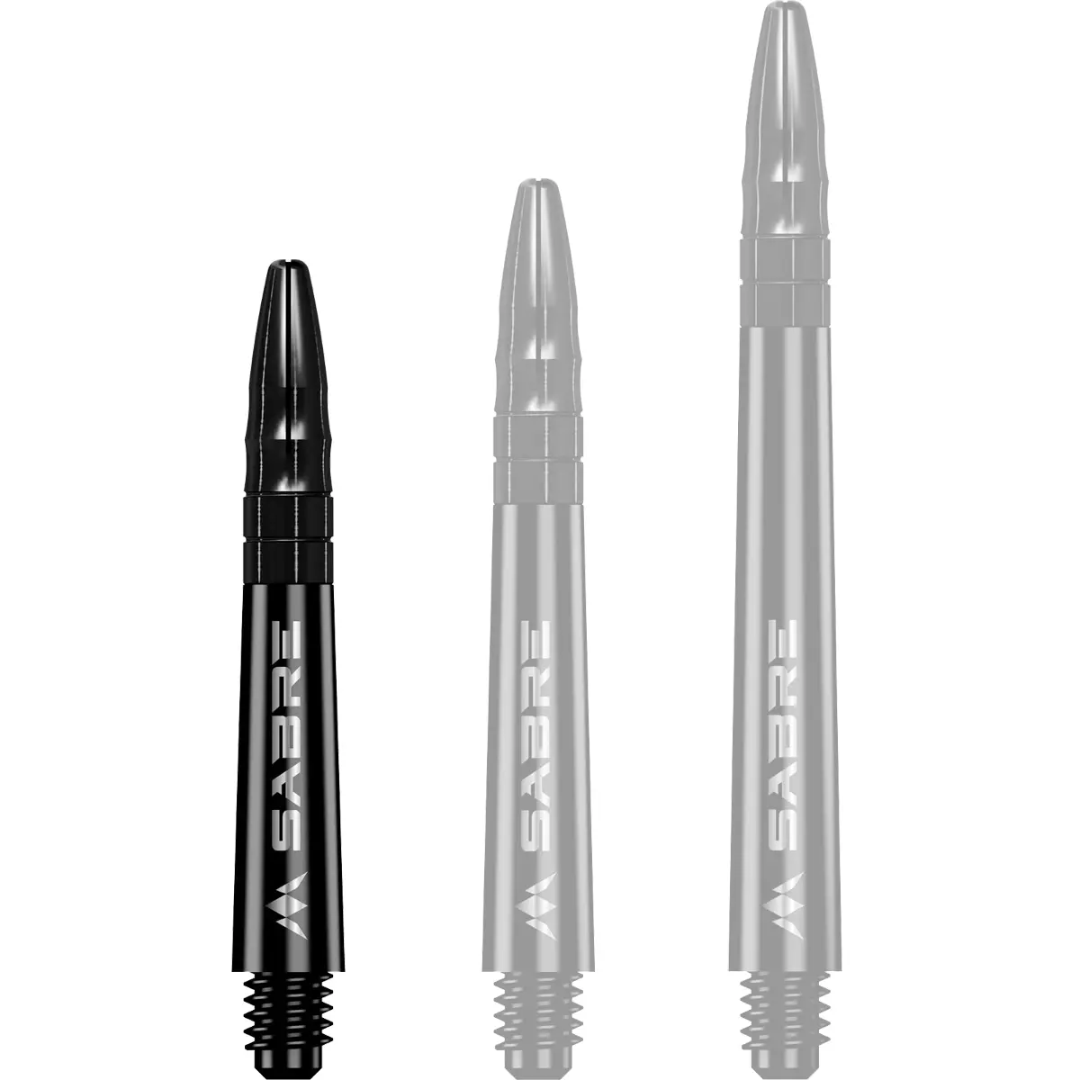 Mission Sabre Dart-Schaft in Schwarz-Schwarz, Größe Short. Kurzer Hybrid-Shaft aus schwarzem Polycarbonat und schwarzem Aluminium für maximale Haltbarkeit.