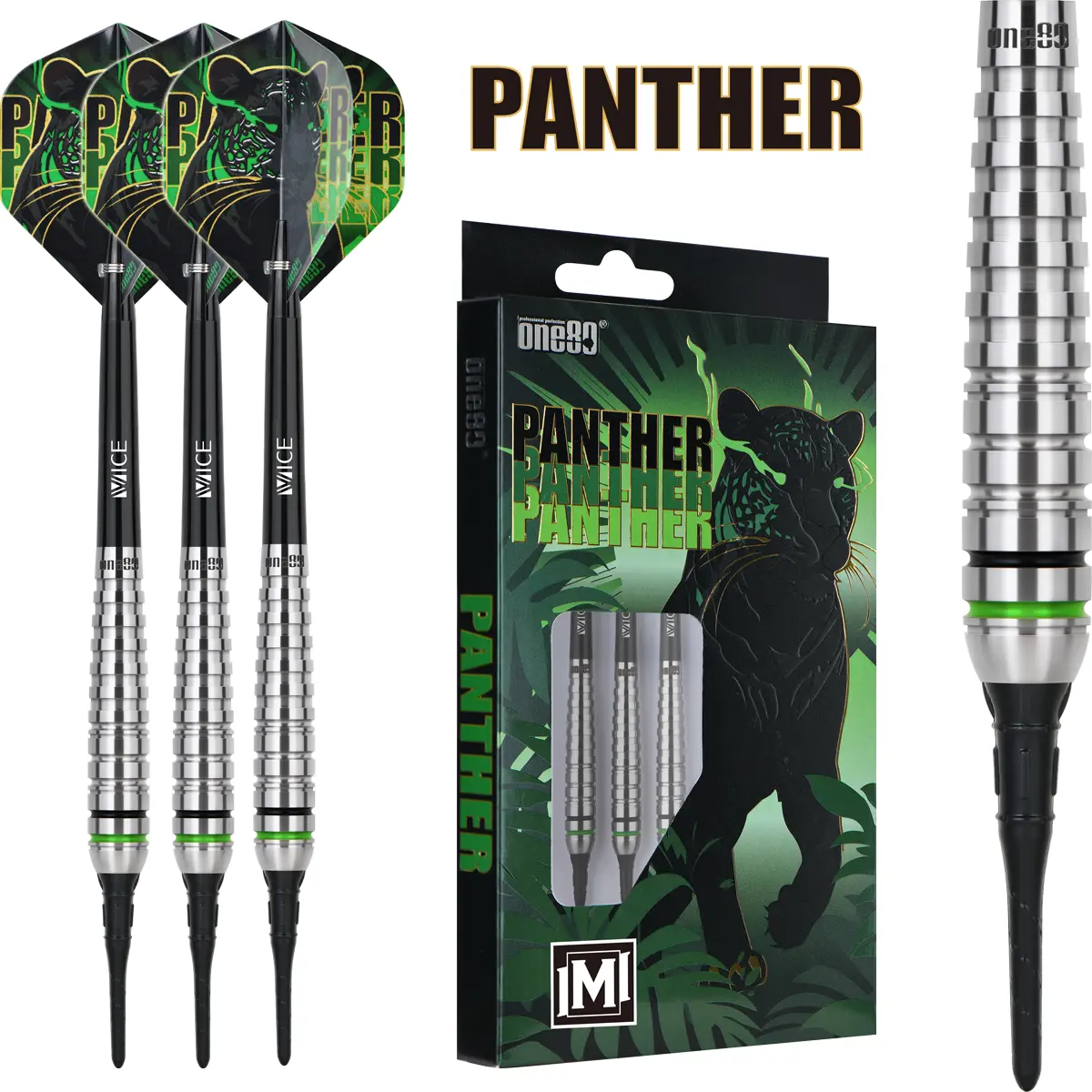 One80 Panther-M Softdarts – silberne 90% Tungsten Darts in Torpedoform