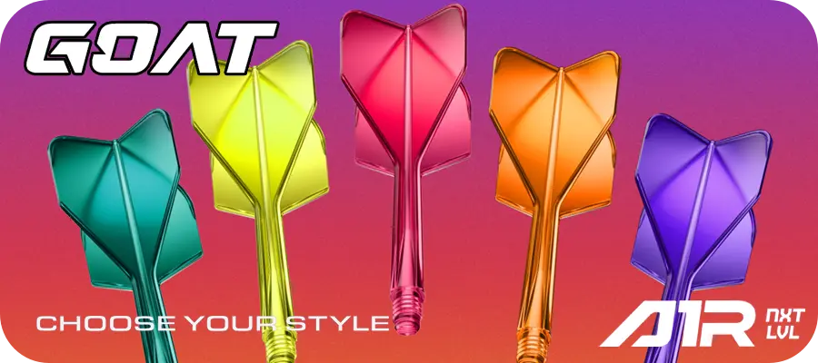 GOAT Flights Kategorie-Banner im Dartgott Dartshop mit farbigen integrierten Dart Flights in Grün, Gelb, Pink, Orange und Lila